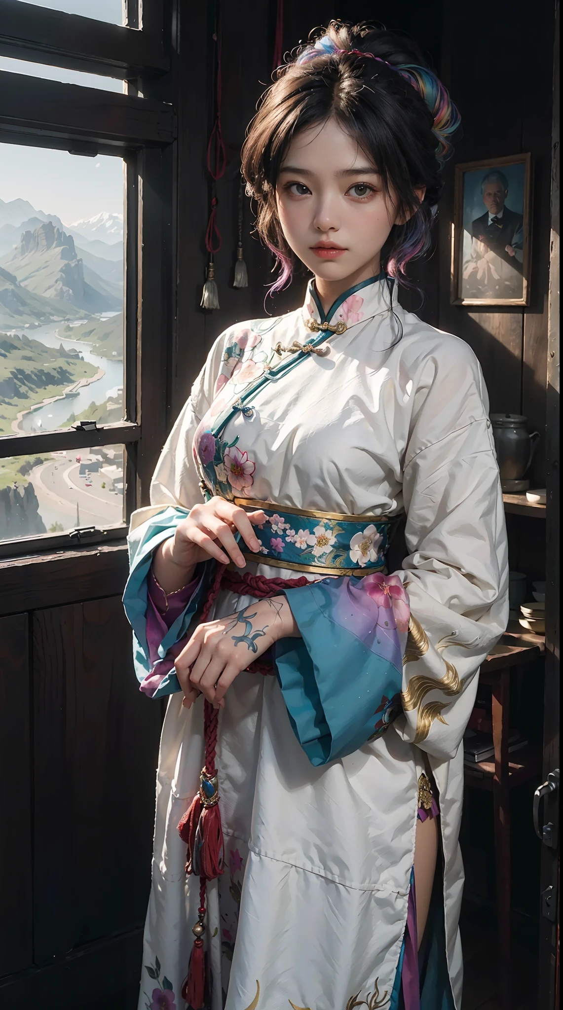 (Extreme Detail CG Unity 8K Wallpapers，tmasterpiece，Highest image quality)，(Delicate light and shadow，The picture is highly dramatic，Cinematic lens effect)，(A girl in a colorful costume)，(Rainbow color hair color)，From the Mars parallel universe，Wenger，Marvel，dynamicposes)，(Exceptional detail，The lighting effect is outstanding，Vista wide angle)，(Excellent rendering，Enough to stand out from the crowd)，The focus is on tight Chinese clothing，Intricate decorative flower texture