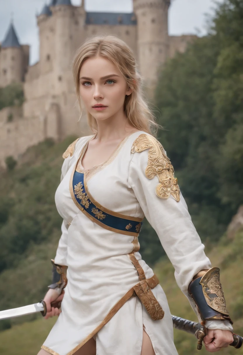 ((best quality)), ((masterpiece)), ((realistic)), anime character, Ais Wallenstein, wearing armor, white dress underwear, blue socks above the knees, sweet look, wielding a samurai sword , beautiful young woman, blonde, yellow eyes, in combat position, looking at the viewer, in the background a large castle, original, extremely detailed 8K, (photorealistic: 1.4), full body,