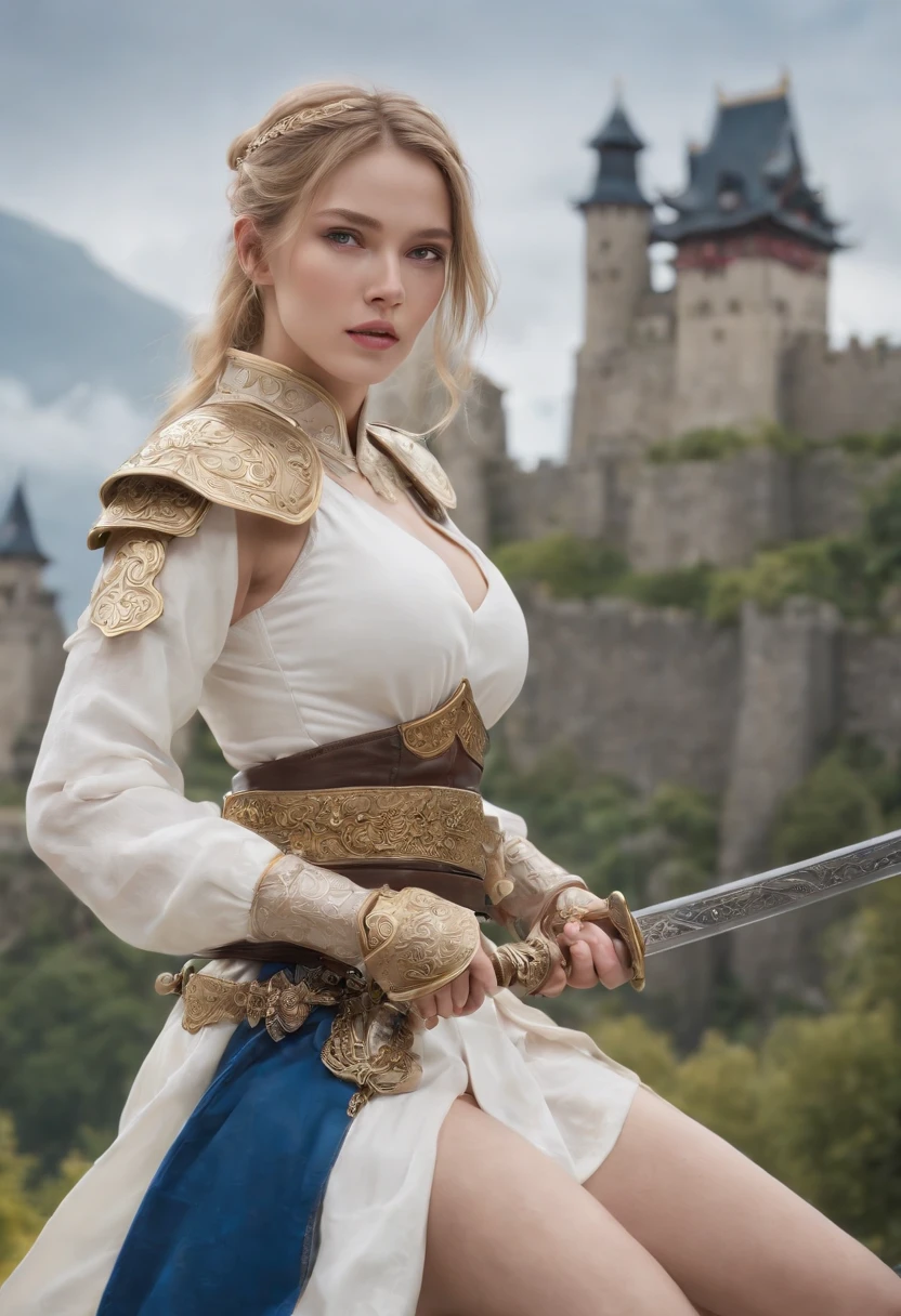 ((best quality)), ((masterpiece)), ((realistic)), anime character, Ais Wallenstein, wearing armor, white dress underwear, blue socks above the knees, sweet look, wielding a samurai sword , beautiful young woman, blonde, yellow eyes, in combat position, looking at the viewer, in the background a large castle, original, extremely detailed 8K, (photorealistic: 1.4), full body,