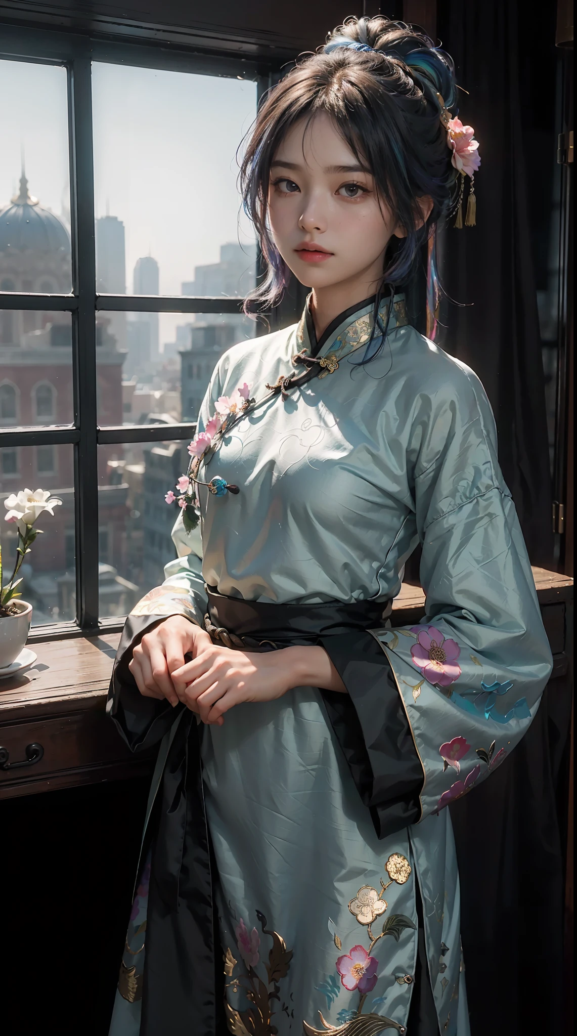 (Extreme Detail CG Unity 8K Wallpapers,tmasterpiece,Highest image quality),(Delicate light and shadow,The picture is highly dramatic,Cinematic lens effect),(A girl in a colorful costume),(Rainbow color hair color),From the Mars parallel universe,Wenger,Marvel,dynamicposes),(Exceptional detail,The lighting effect is outstanding,Vista wide angle),(Excellent rendering,Enough to stand out from the crowd),The focus is on tight Chinese clothing,Intricate decorative flower texture