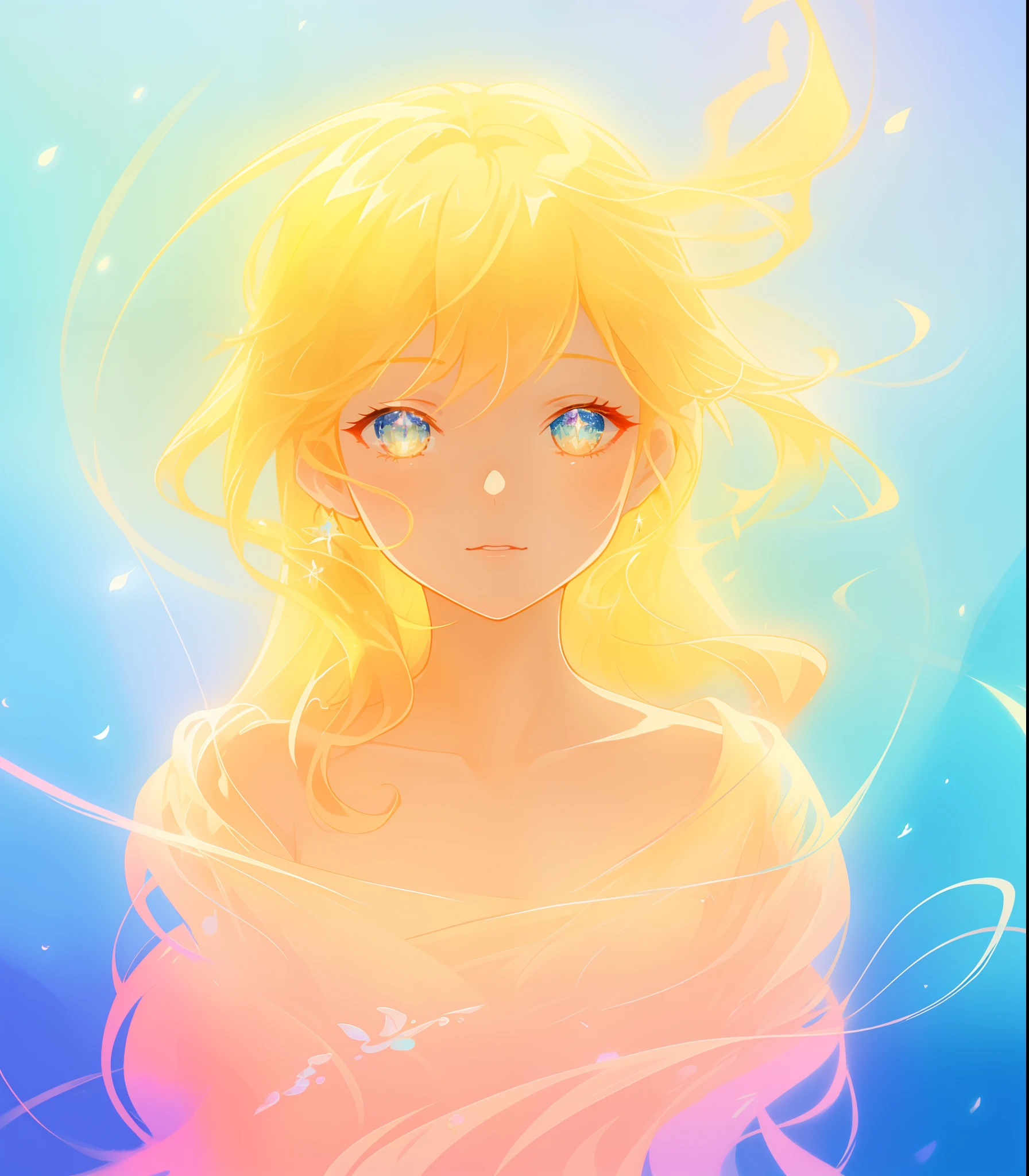 beautiful flowing dress, beautiful anime girl, portrait, vibrant pastel colors, (colorful), magical lights, flowing golden hair, liquid lines of light, inspired by Glen Keane, inspired by Lois van Baarle, disney art style, by Lois van Baarle, glowing aura around her, by Glen Keane, jen bartel, glowing lights! digital painting, flowing glowing hair, glowing flowing hair, beautiful digital illustration, fantasia background, whimsical, magical, fantasy, beautiful face, ((masterpiece, best quality)), intricate details, highly detailed, sharp focus, 8k resolution, sparkling detailed eyes, liquid watercolor