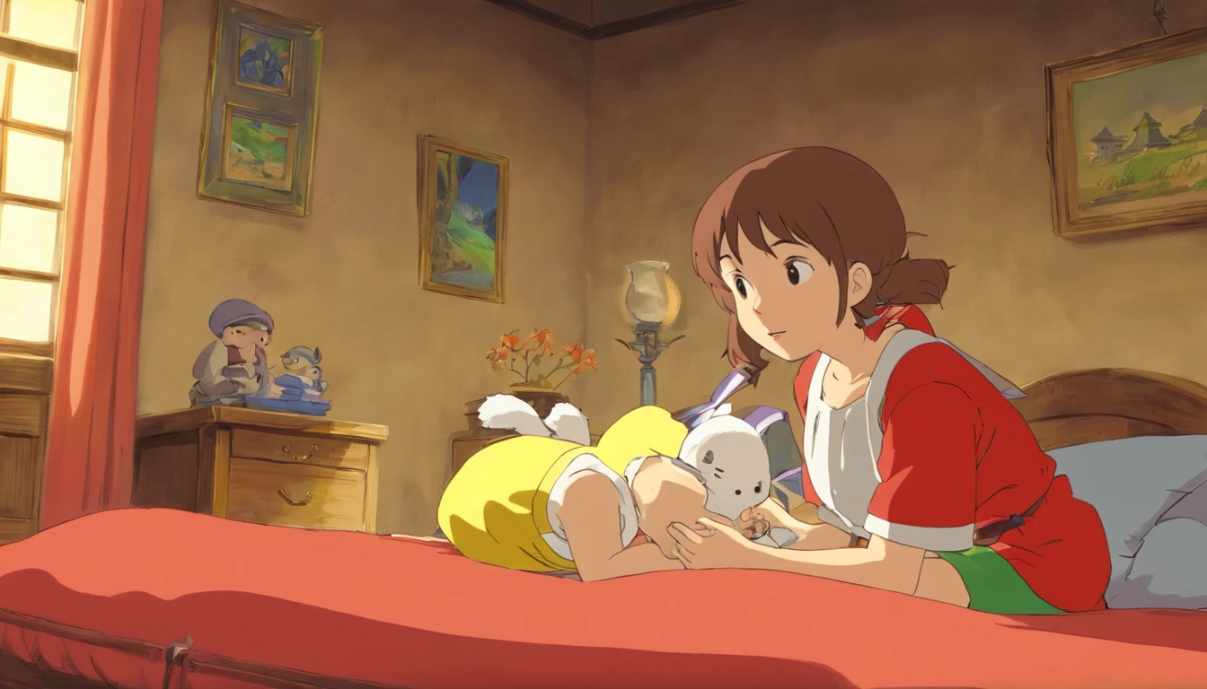 A little girl in a white t-shirt and a red skirt and a little boy in a red blouse，Yellow shorts，Lie down in bed，The full moon outside the window spilled over the room，The faces of both of them were filled with excitement，anime big breast，miyazaki's animated film，Studio Ghibli animated films，ghibli artstyle