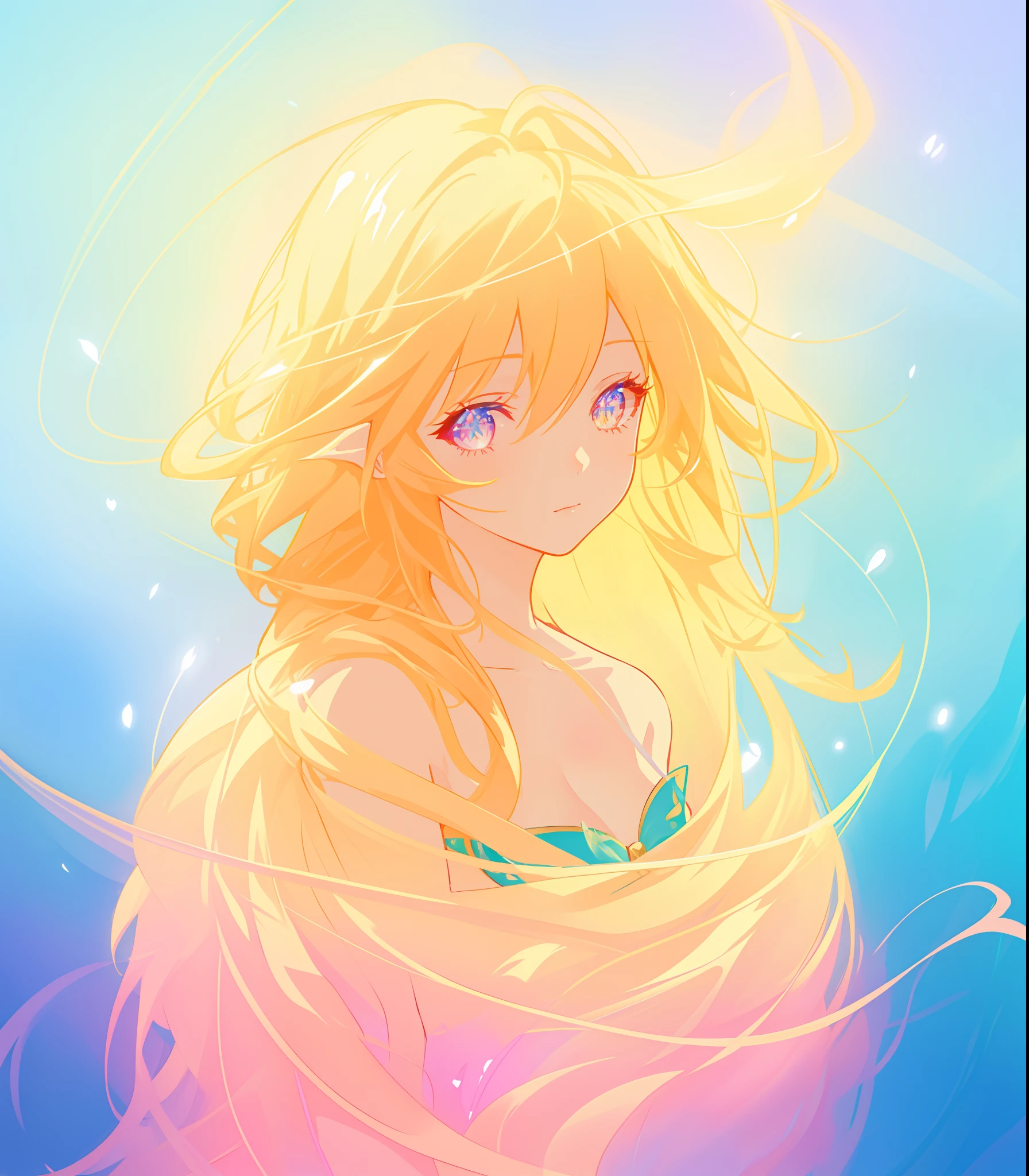 beautiful flowing dress, beautiful anime girl, portrait, vibrant pastel colors, (colorful), magical lights, flowing golden hair, liquid lines of light, inspired by Glen Keane, inspired by Lois van Baarle, disney art style, by Lois van Baarle, glowing aura around her, by Glen Keane, jen bartel, glowing lights! digital painting, flowing glowing hair, glowing flowing hair, beautiful digital illustration, fantasia background, whimsical, magical, fantasy, beautiful face, ((masterpiece, best quality)), intricate details, highly detailed, sharp focus, 8k resolution, sparkling detailed eyes, liquid watercolor