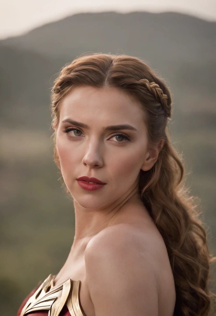 Scarlett Johansson is Wonder Woman, em uma roupa realista, com um fundo desfocado, she is beautiful, forte, muito sexy, roupa realista, detalhes finos