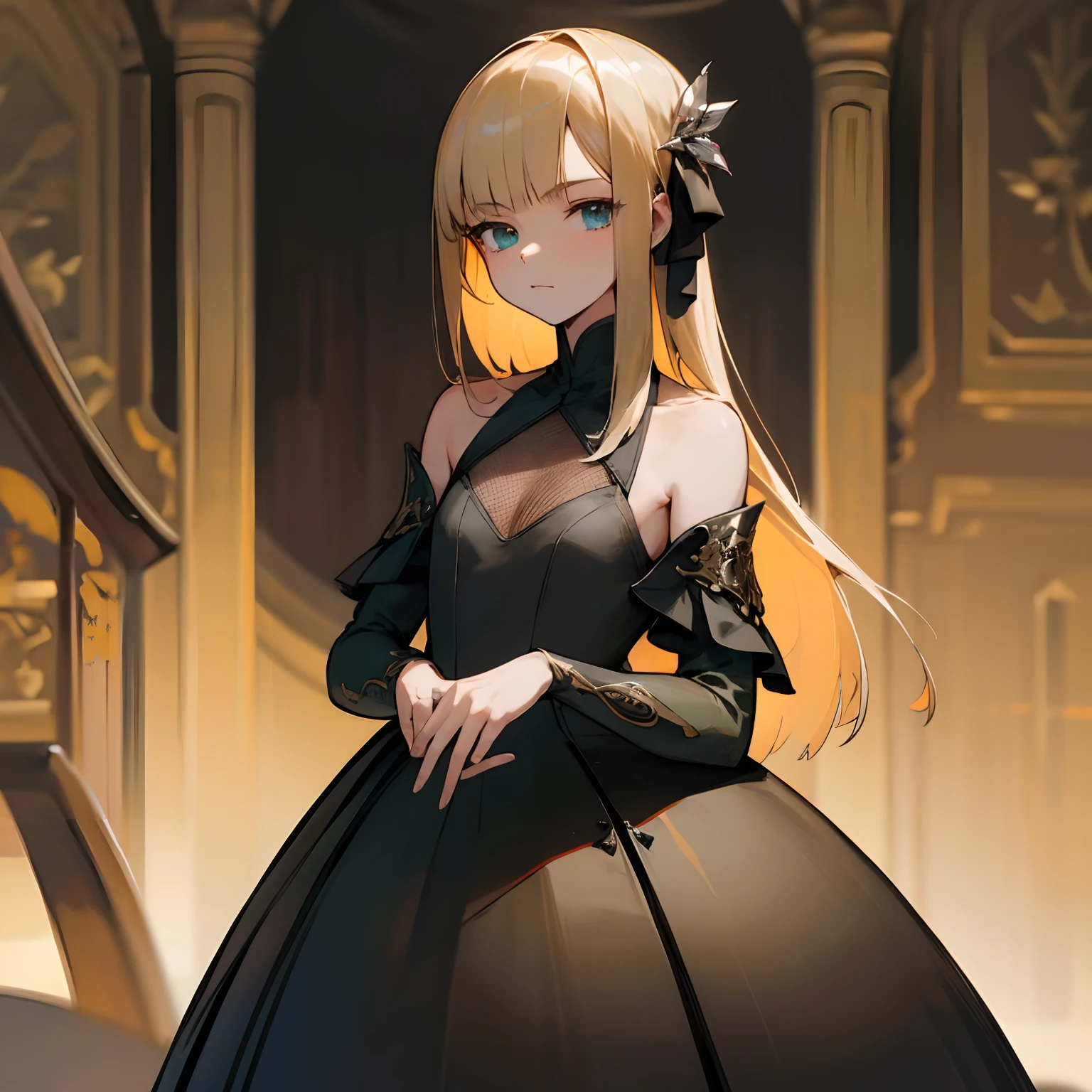 Reines, 1girl, high quality, best quality, illustration, masterpiece, (highly detailed:1.2), (extremely detailed:1.3), flat chest, bare shoulders, pastor's clothes, young girl, dress, looking at viewers