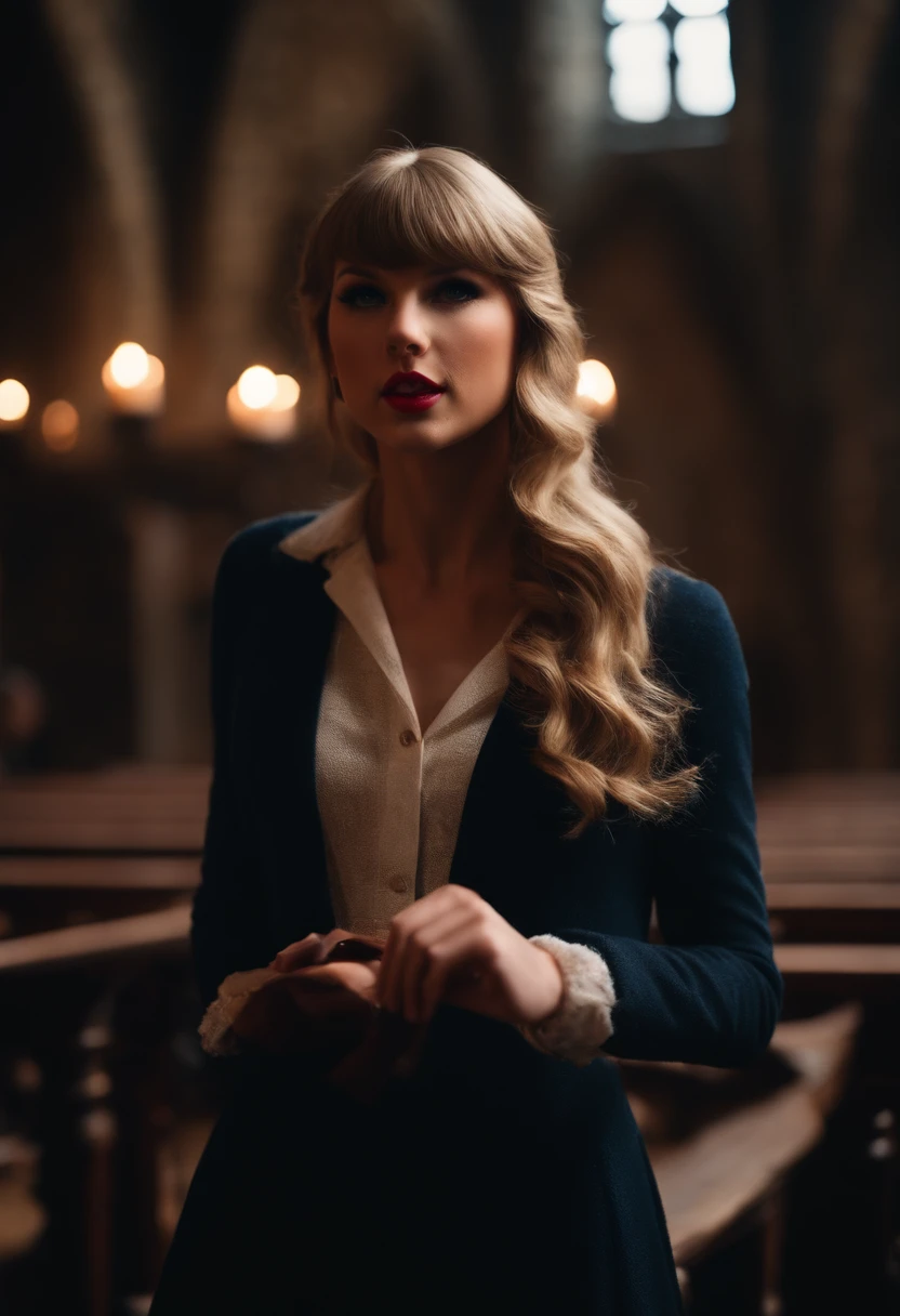 a stunning photo of taylor swift casting spells at hogwarts school of witchcraft and wizardry.