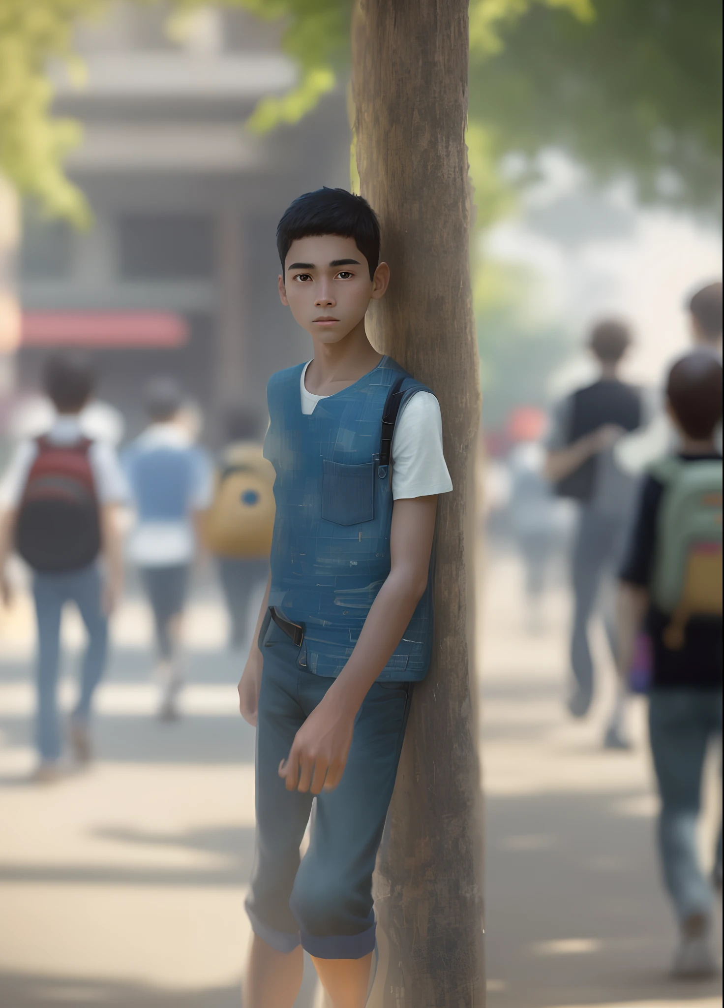movie picture quality，style of disney animation，A young boy runs around the campus carrying a school bag，short detailed hair，Denim suspenders，depth of fields，high light，Real light，Ray traching，oc rendered，Hyper-realistic，best qualtiy，8K，Works of masters，super-fine，Detailed pubic hair，Correct anatomy，sharp focus on eyes，Bokeh，Facial features are carefully depicted