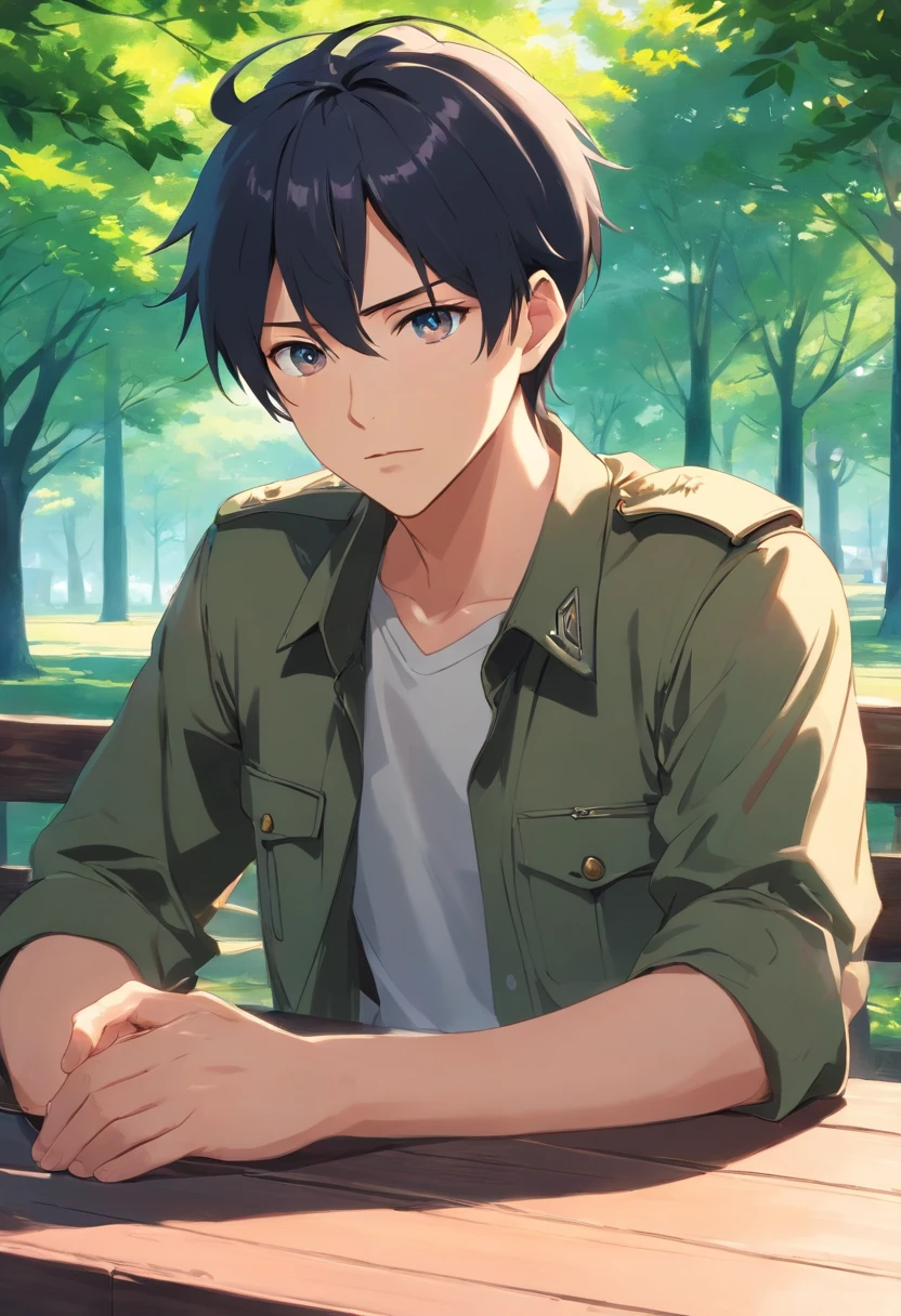 "Young man, black hair cut in a military style, fair complexion. His eyes have the particularity of heterochromia, with the right eye being red and the left one being white. He has a pronounced scar that runs from below the left eye to the crown of his head. He has a serious expression, wears an earring in his right ear, dresses casually, and is seated at a wooden table in a park during noon. Use contrasting lighting effects to make the man stand out. Pay attention to the requested facial details as they mark his past and personality."