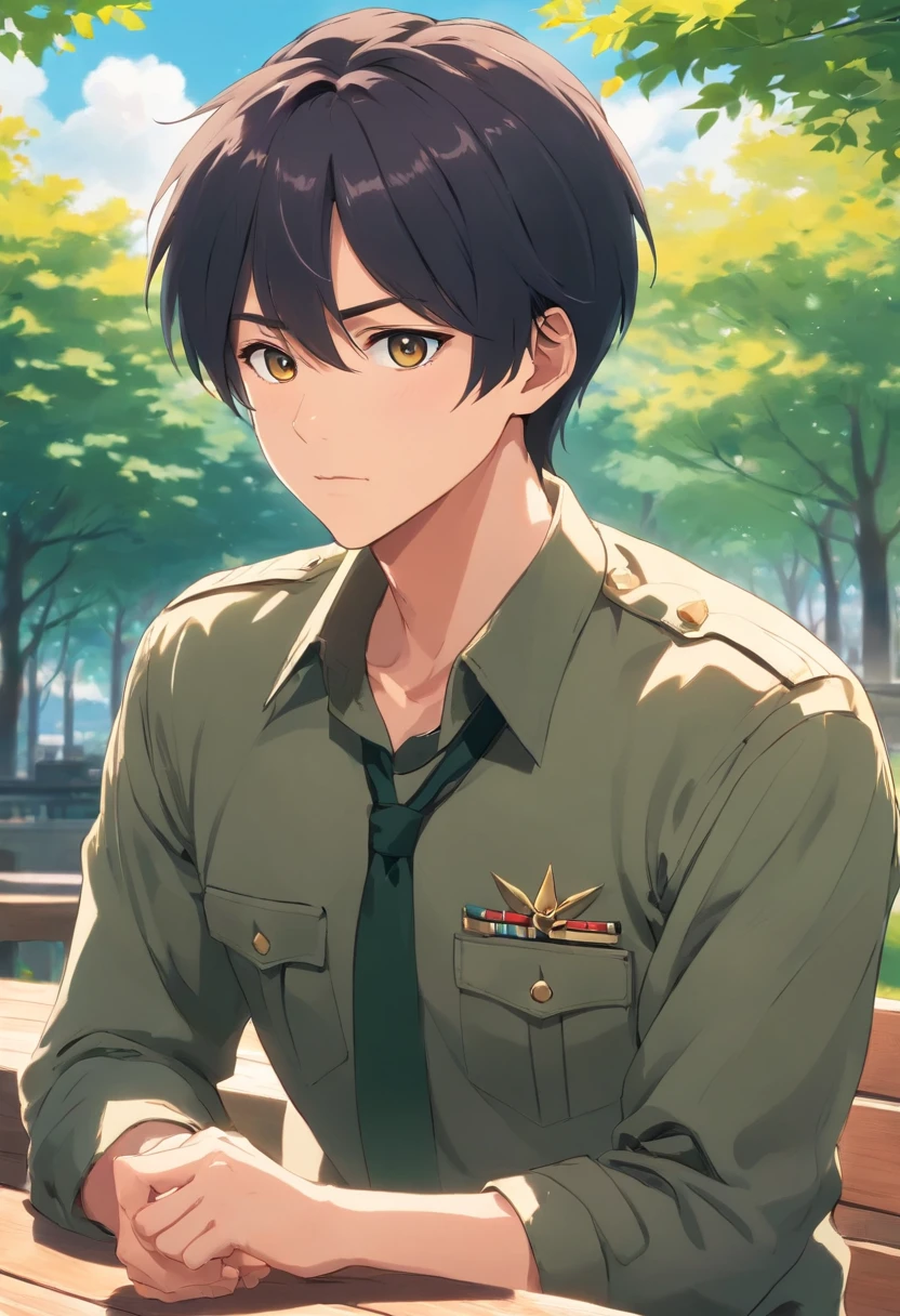"Young man, black hair cut in a military style, fair complexion. His eyes have the particularity of heterochromia, with the right eye being red and the left one being white. He has a pronounced scar that runs from below the left eye to the crown of his head. He has a serious expression, wears an earring in his right ear, dresses casually, and is seated at a wooden table in a park during noon. Use contrasting lighting effects to make the man stand out. Pay attention to the requested facial details as they mark his past and personality."