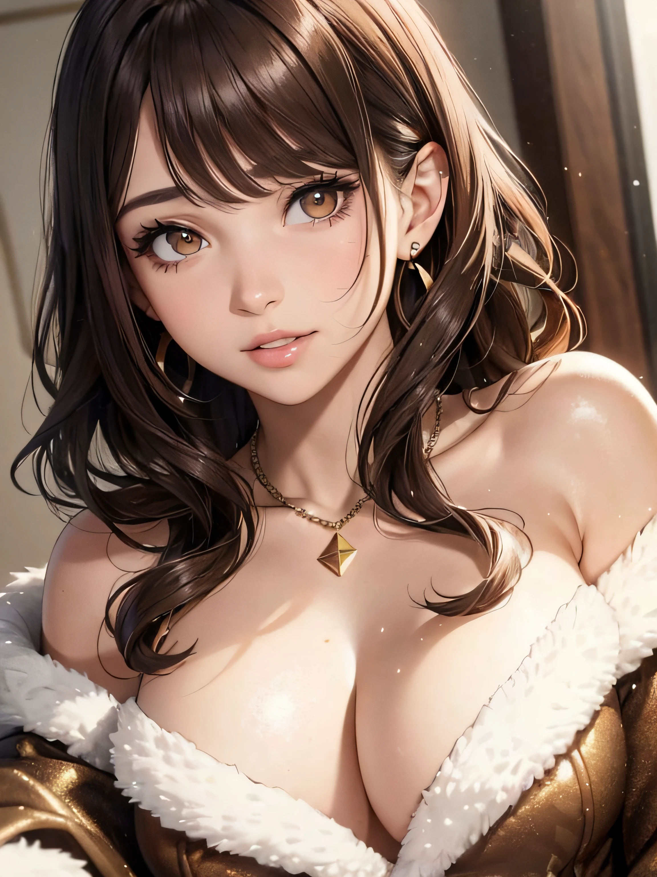 (A photo of the upper body), Beatiful face, Very detailed face and skin texture, (Detailed eyes), Brown eyes, Double eyelids, Thin eyebrows, Glitter eyeliner: 1.2, Natural cheeks, Shiny skin, Light skin, ((winter clothes)), Shiny necklace and earrings, (Shiny lips: 1. 4), (Seductive smile), (20 years old), (Wavy hair, Brown hair, Diagonal bangs), Medium long hair, ((Upper body shot)), ((Focus on chest and face)), Medium large breasts, Upturned Breasts.
