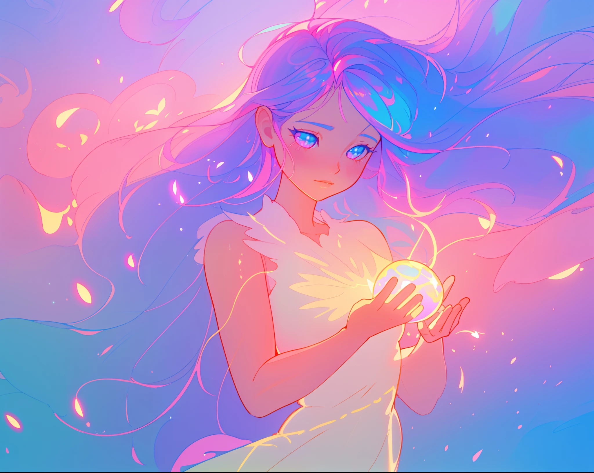 beautiful girl holding a glowing golden light, beautiful anime girl in flowing white dress, vibrant pastel colors, (colorful), pink purple blue theme, magical lights, colorful long hair made of liquid light, sparkling lines of light, inspired by Glen Keane, inspired by Lois van Baarle, disney art style, by Lois van Baarle, glowing aura around her, by Glen Keane, jen bartel, glowing lights! digital painting, flowing glowing hair, glowing flowing hair, beautiful digital illustration, fantasia background, whimsical, magical, fantasy, beautiful face, ((masterpiece, best quality)), intricate details, highly detailed, sharp focus, 8k resolution, sparkling detailed eyes, liquid watercolor
