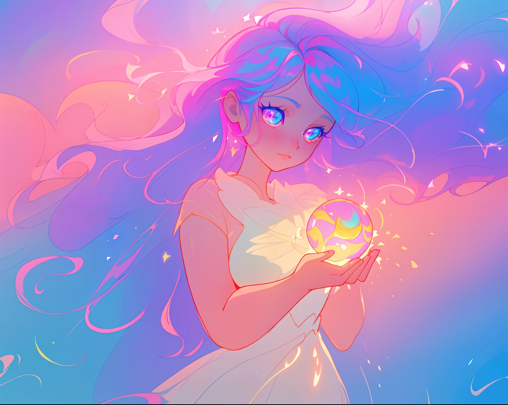 beautiful girl holding a glowing golden light, beautiful anime girl in flowing white dress, vibrant pastel colors, (colorful), pink purple blue theme, magical lights, colorful long hair made of liquid light, sparkling lines of light, inspired by Glen Keane, inspired by Lois van Baarle, disney art style, by Lois van Baarle, glowing aura around her, by Glen Keane, jen bartel, glowing lights! digital painting, flowing glowing hair, glowing flowing hair, beautiful digital illustration, fantasia background, whimsical, magical, fantasy, beautiful face, ((masterpiece, best quality)), intricate details, highly detailed, sharp focus, 8k resolution, sparkling detailed eyes, liquid watercolor