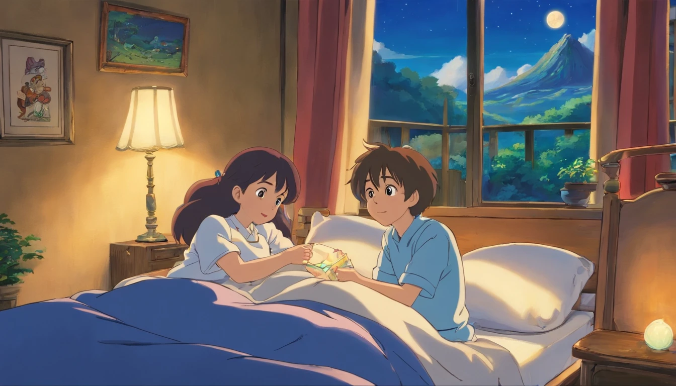 A little girl and a little boy,Lie down in bed,The full moon outside the window spilled over the room,The faces of both of them were filled with excitement,a fairy world,anime big breast,miyazaki's animated film,Studio Ghibli animated films,ghibli artstyle