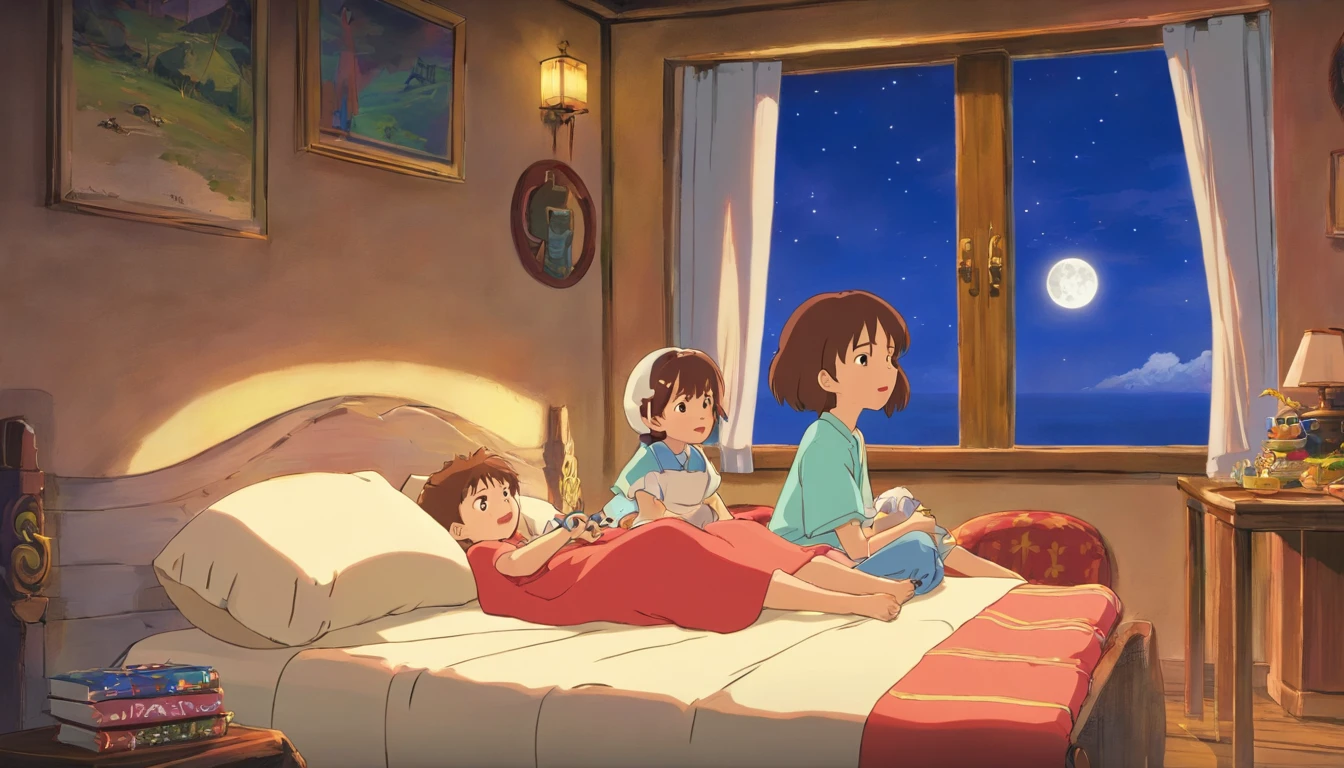 A  and a little boy，wn in bed，The full moon outside the window spilled over the room，The faces of both of them were filled with excitement，a fairy world，anime big breast，miyazaki's animated film，Studio Ghibli animated films，ghibli artstyle