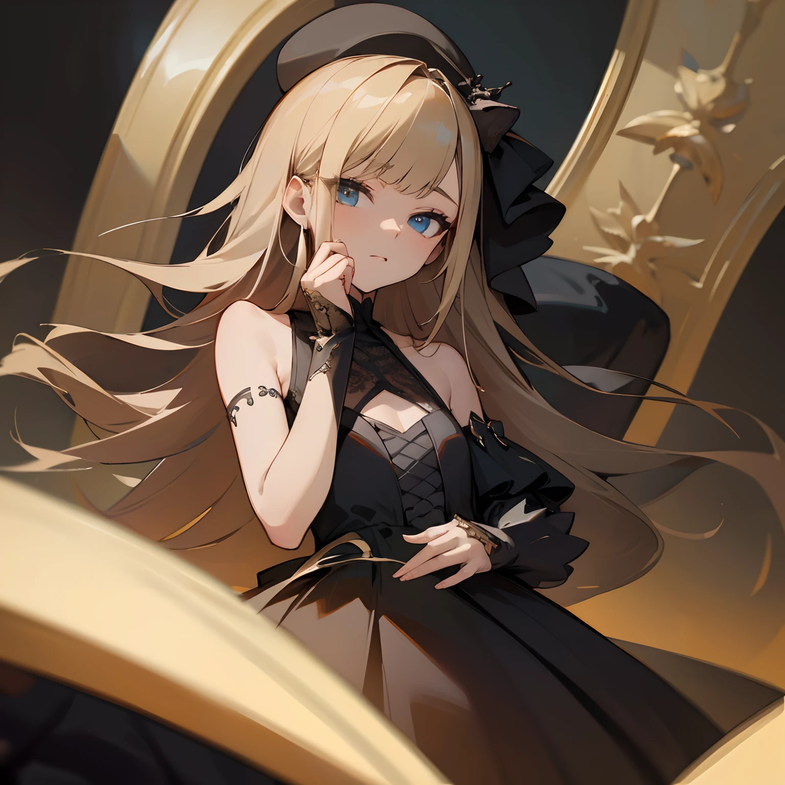 Reines, 1girl, high quality, best quality, illustration, masterpiece, (highly detailed:1.2), (extremely detailed:1.3), flat chest, bare shoulders, gothic lolita, young girl, dress, looking at viewers
