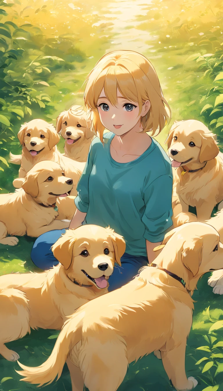 Golden Retriever and 5 puppies, drawing, 児童書