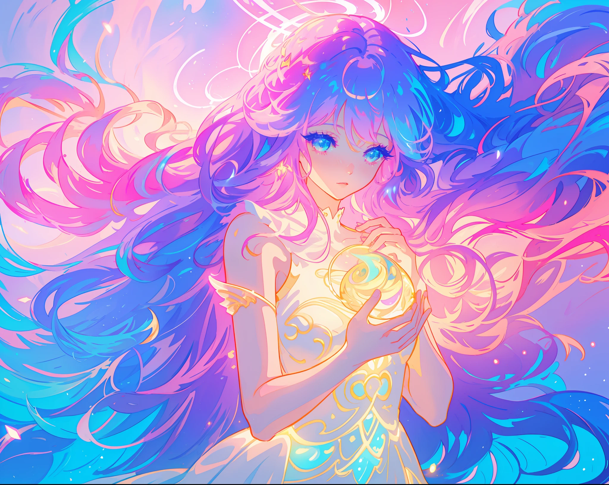 beautiful girl holding a glowing golden light, beautiful anime girl in flowing white dress, vibrant pastel colors, (colorful), pink purple blue theme, magical lights, colorful long hair made of liquid light, sparkling lines of light, inspired by Glen Keane, inspired by Lois van Baarle, disney art style, by Lois van Baarle, glowing aura around her, by Glen Keane, jen bartel, glowing lights! digital painting, flowing glowing hair, glowing flowing hair, beautiful digital illustration, fantasia background, whimsical, magical, fantasy, beautiful face, ((masterpiece, best quality)), intricate details, highly detailed, sharp focus, 8k resolution, sparkling detailed eyes, liquid watercolor