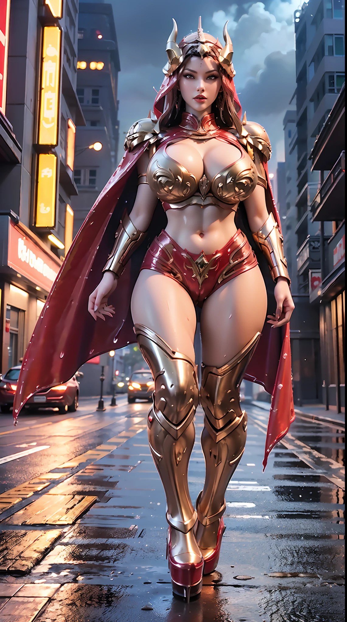 1GIRL, SOLO, COQUETTE, (dragon queen helm), (WET HUGE FAKE BOOBS:1.3), (STREET CITY BACKGROUND), (FUTURISTIC RED DRAGON MECHA CROP TOP, ROYAL CAPE, CLEAVAGE:1.2), (SKINTIGHT YOGA HOTPANTS, HIGH HEELS:1.2), (PERFECT BODY, FULL BODY VIEW:1.5), (LOOKING AT VIEWER), (WALKING DOWN:1.2), MUSCLE ABS:1.3, ULTRA HIGHT DEFINITION, 8K, 1080P.