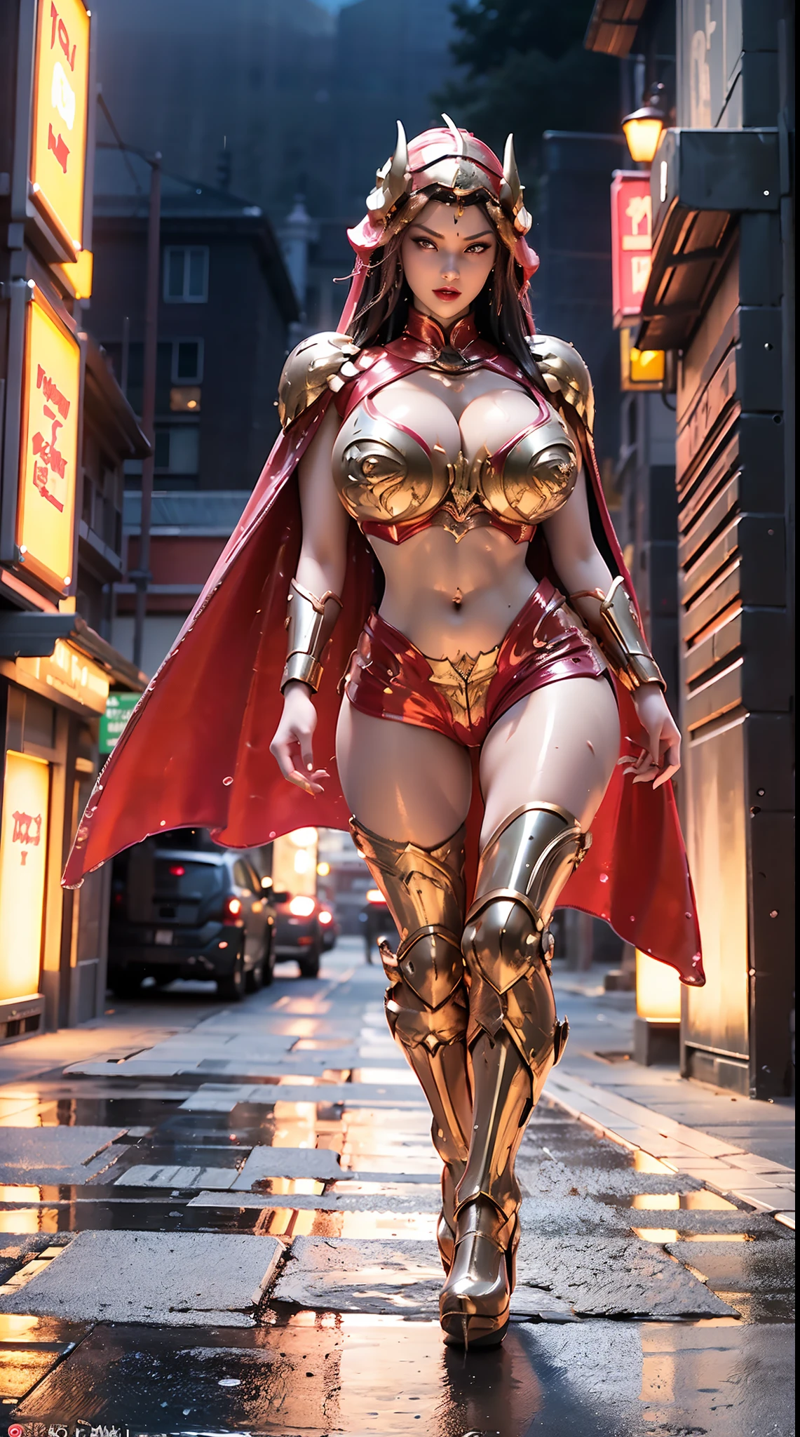 1GIRL, SOLO, COQUETTE, (dragon queen helm), (WET HUGE FAKE BOOBS:1.3), (STREET CITY BACKGROUND), (FUTURISTIC RED DRAGON MECHA CROP TOP, ROYAL CAPE, CLEAVAGE:1.2), (SKINTIGHT YOGA HOTPANTS, HIGH HEELS:1.2), (PERFECT BODY, FULL BODY VIEW:1.5), (LOOKING AT VIEWER), (WALKING DOWN:1.2), MUSCLE ABS:1.3, ULTRA HIGHT DEFINITION, 8K, 1080P.