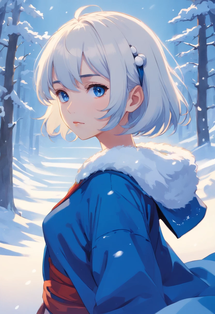 "Young girl, short white hair in a mushroom-style cut that reaches her shoulders, eyes that are blue leaning towards white, she wears dark blue lipstick on her lips, skin as pale as snow, and she's dressed in a royal blue Viking-inspired outfit. She is walking across a snowy landscape with a serious expression."