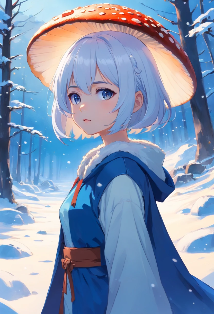 "Young girl, short white hair in a mushroom-style cut that reaches her shoulders, eyes that are blue leaning towards white, she wears dark blue lipstick on her lips, skin as pale as snow, and she's dressed in a royal blue Viking-inspired outfit. She is walking across a snowy landscape with a serious expression."