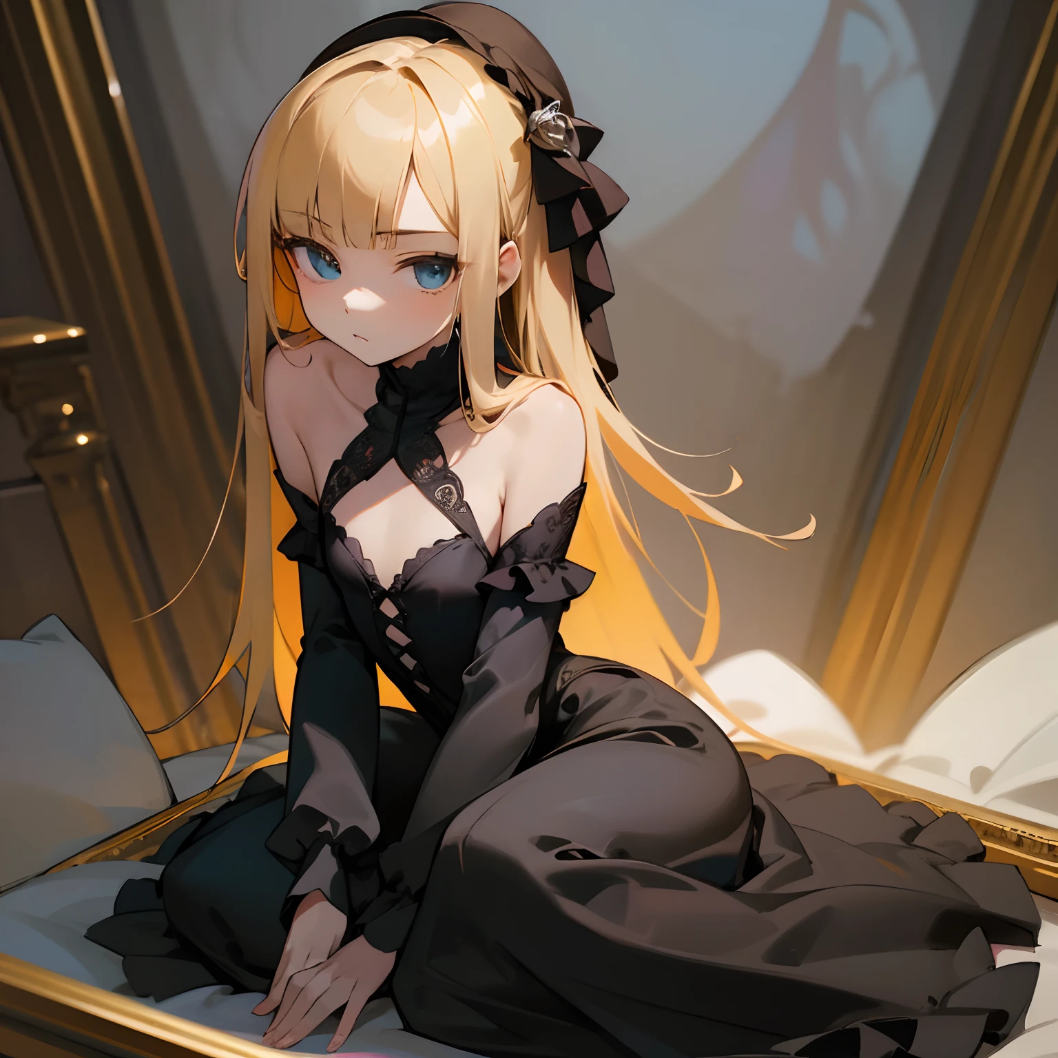 Reines, 1girl, high quality, best quality, illustration, masterpiece, (highly detailed:1.2), (extremely detailed:1.3), flat chest, bare shoulders, gothic ta, young girl, dress, looking at viewers