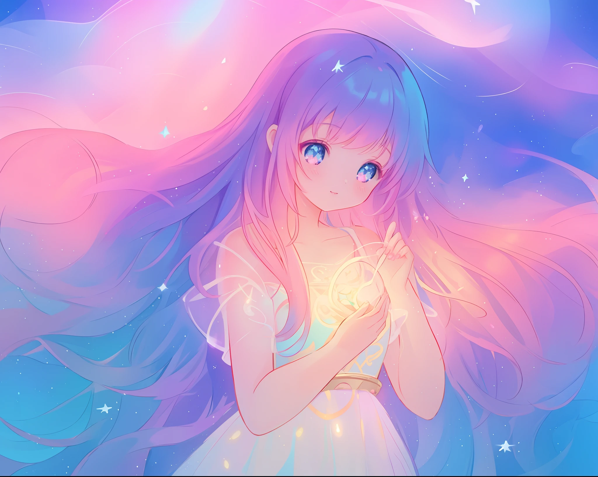 Anime girl with long hair and blue eyes holding a glowing star - SeaArt AI