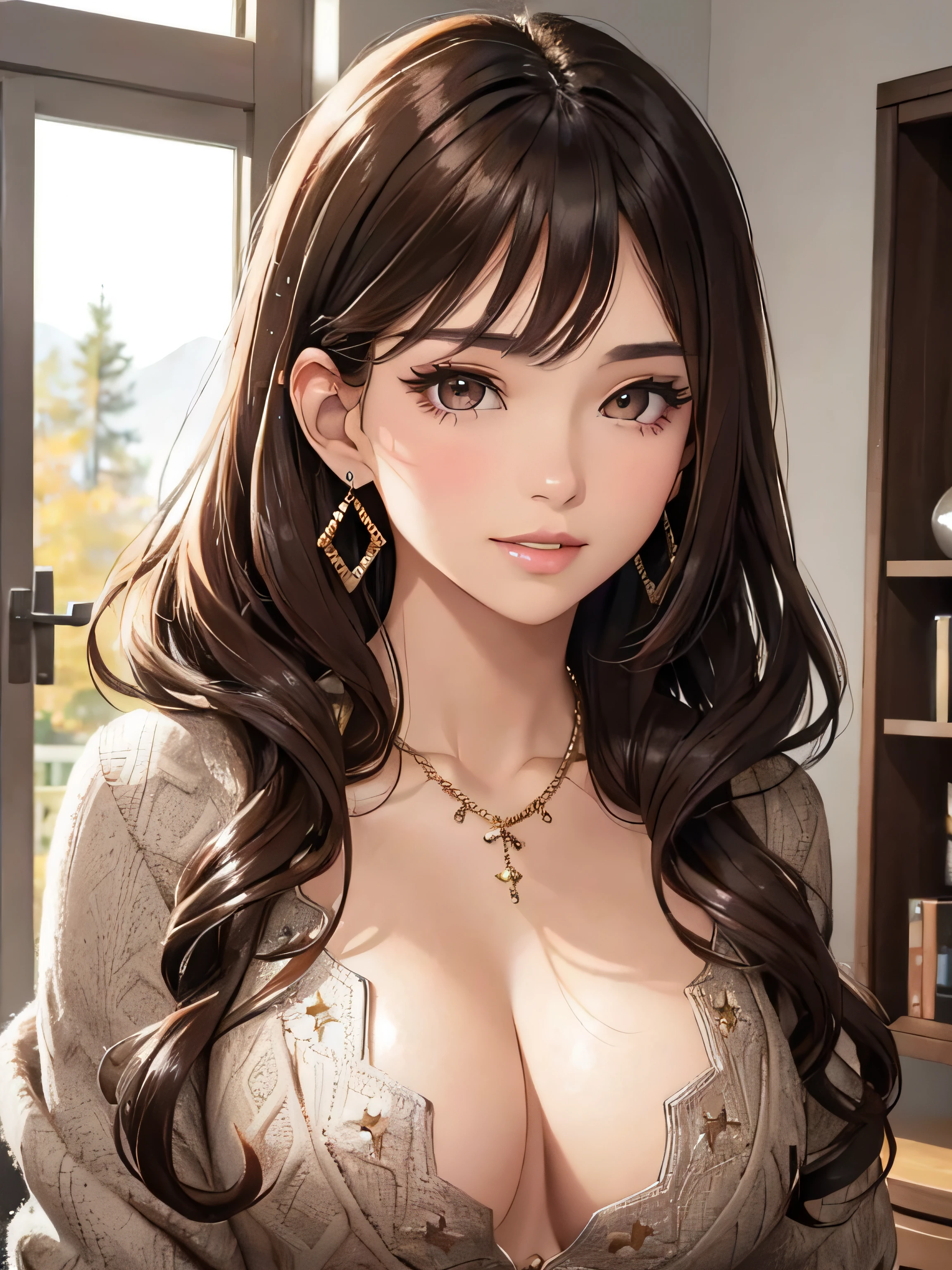(A photo of the upper body), Beatiful face, Very detailed face and skin texture, (Detailed eyes), Brown eyes, Double eyelids, Thin eyebrows, Glitter eyeliner: 1.2, Natural cheeks, Shiny skin, Light skin, ((winter clothes)), Shiny necklace and earrings, (Shiny lips: 1. 4), (Seductive smile), (20 years old), (Wavy hair, Brown hair, Diagonal bangs), Medium long hair, ((Upper body shot)), ((Focus on chest and face)), Medium large breasts, Upturned Breasts.