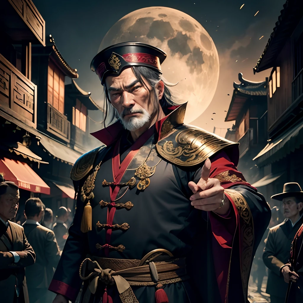 the night,An old middle-aged man in Chinese clothing,The expression is fierce,Detailed facial details,Decisive hand movements,Spell aura,shadow magic,In the background is a dilapidated Chinese courtyard,There were explosions everywhere,火焰,Panicked crowd,Surrounded by soldiers,themoon,Ultra Luxo,super-fine,Ultra HD ultra high resolution,32K