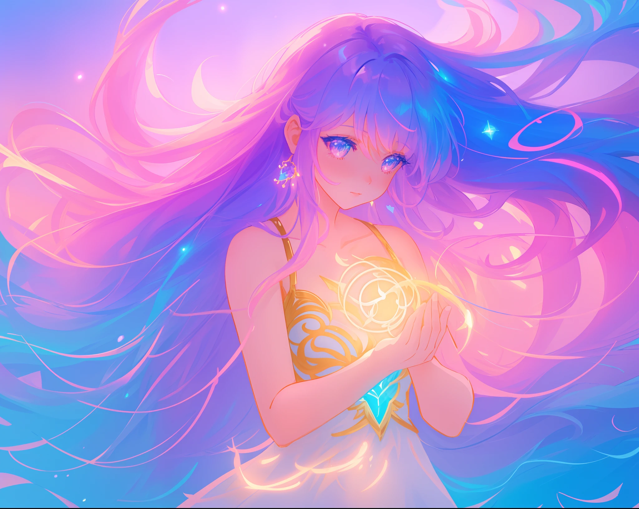 beautiful girl holding a glowing golden light, beautiful anime girl in flowing white dress, vibrant pastel colors, (colorful), pink purple blue theme, magical lights, colorful long hair made of liquid light, sparkling lines of light, inspired by Glen Keane, inspired by Lois van Baarle, disney art style, by Lois van Baarle, glowing aura around her, by Glen Keane, jen bartel, glowing lights! digital painting, flowing glowing hair, glowing flowing hair, beautiful digital illustration, fantasia background, whimsical, magical, fantasy, beautiful face, ((masterpiece, best quality)), intricate details, highly detailed, sharp focus, 8k resolution, sparkling detailed eyes, liquid watercolor