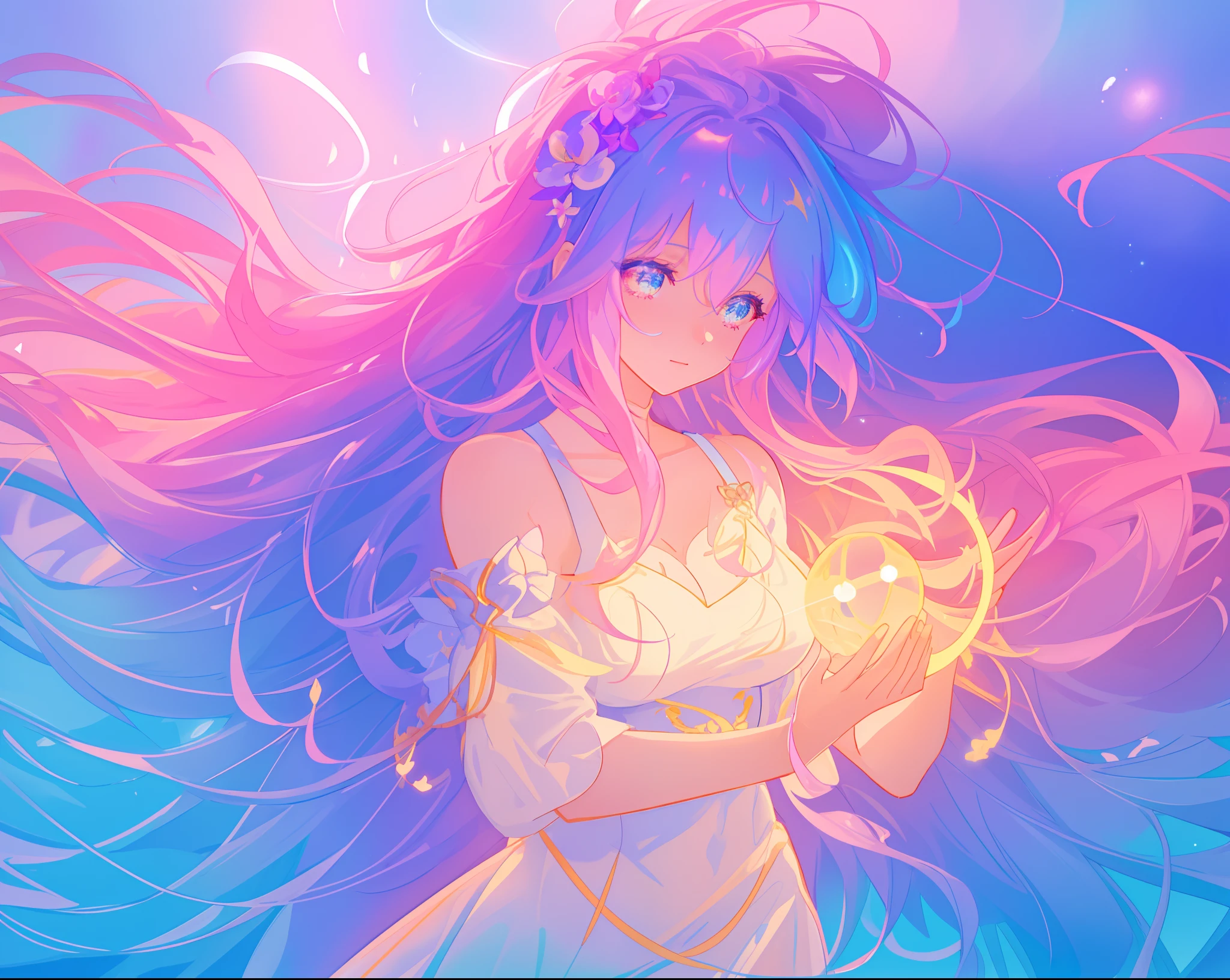 beautiful girl holding a glowing golden light, beautiful anime girl in flowing white dress, vibrant pastel colors, (colorful), pink purple blue theme, magical lights, colorful long hair made of liquid light, sparkling lines of light, inspired by Glen Keane, inspired by Lois van Baarle, disney art style, by Lois van Baarle, glowing aura around her, by Glen Keane, jen bartel, glowing lights! digital painting, flowing glowing hair, glowing flowing hair, beautiful digital illustration, fantasia background, whimsical, magical, fantasy, beautiful face, ((masterpiece, best quality)), intricate details, highly detailed, sharp focus, 8k resolution, sparkling detailed eyes, liquid watercolor