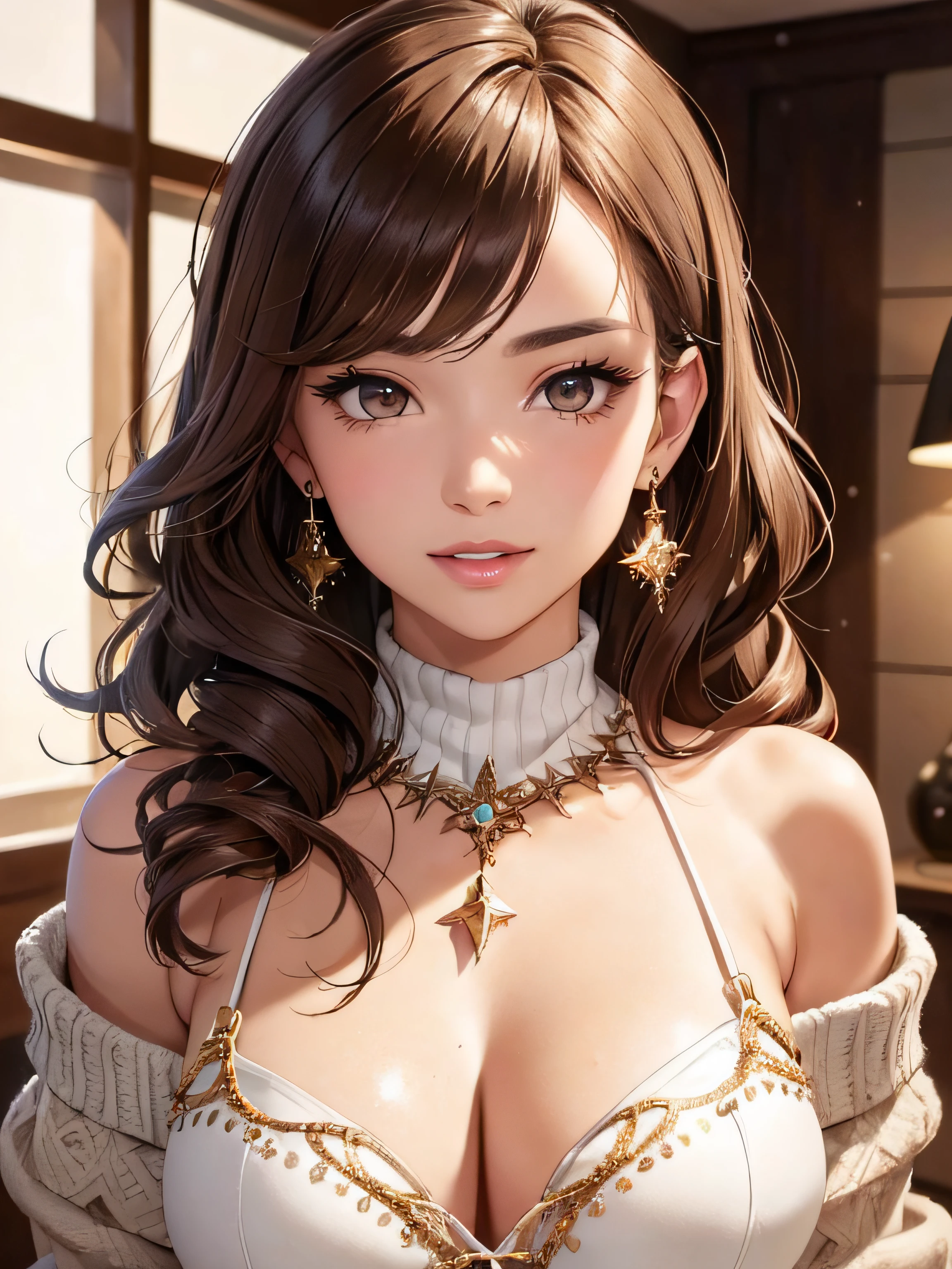 (A photo of the upper body), Beatiful face, Very detailed face and skin texture, (Detailed eyes), Brown eyes, Double eyelids, Thin eyebrows, Glitter eyeliner: 1.2, Natural cheeks, Shiny skin, Light skin, ((winter clothes)), Shiny necklace and earrings, (Shiny lips: 1. 4), (Seductive smile), (20 years old), (Wavy hair, Brown hair, Diagonal bangs), Medium long hair, ((Upper body shot)), ((Focus on chest and face)), Medium large breasts, Upturned Breasts.