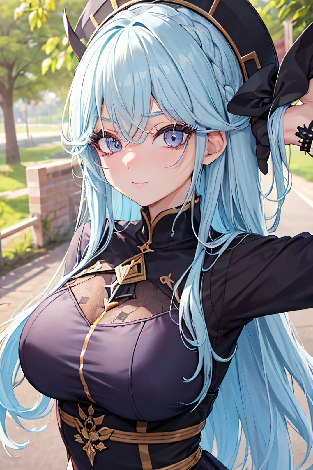 (master part:1.2), melhor qualidade, (Rosto extremamente detalhado:1.4), (Highly detailed eyelashes:1.6), olhos altamente detalhados, Sharp details, alto contraste, (pele brilhante), elegante, rosto elegantee, mulheres adultoas, corpo grosso, corpo sexy, massive breast, cara MILFy, Revoltado, garota, Aqua_olho, saco, corar, clivagem, fechado_boca, 鎖骨, vaqueiro_injection, dia, vestir, Brincos, jewelries, curto_Hair, coque de cabelo, ao ar livre, Branco_blusa, saia azul, sozinho, tree, brown hair, Purple eyes, arms down, hand down, peito grande, Grande oppai, adulto, MILF, maduro