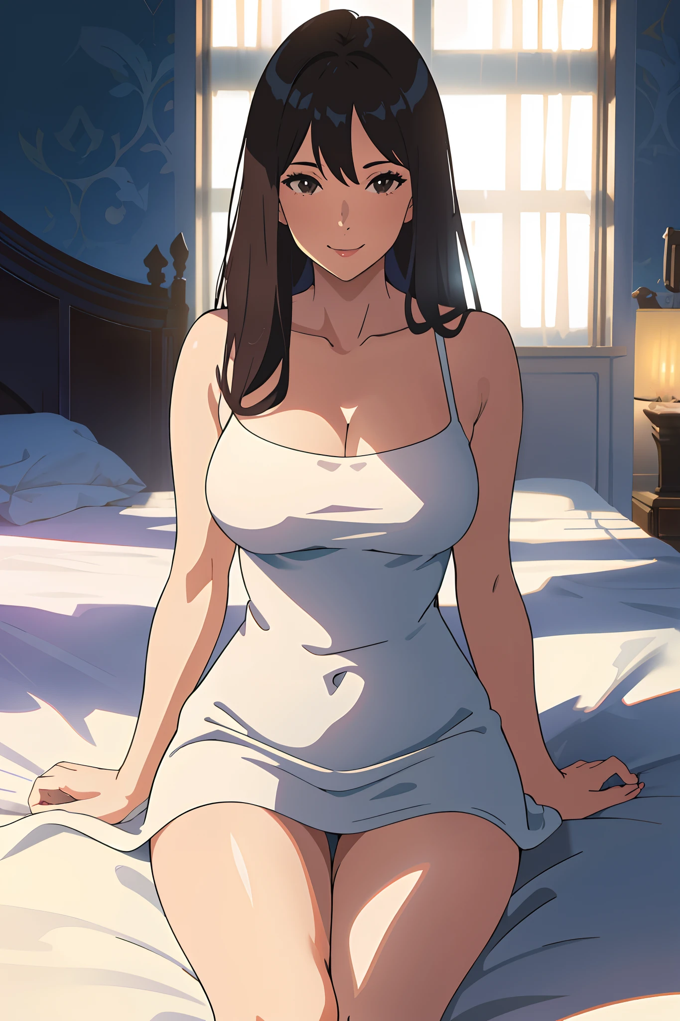 NSFW, hot 1woman, gorgeous, mature face, long hair, light smile, provoking, sitting, pussy, wide angle, POV, from below, sexy mini dress, lifted dress, indoor, bedroom, light rays, glow, thighs, collarbone, (masterpiece), wallpaper,