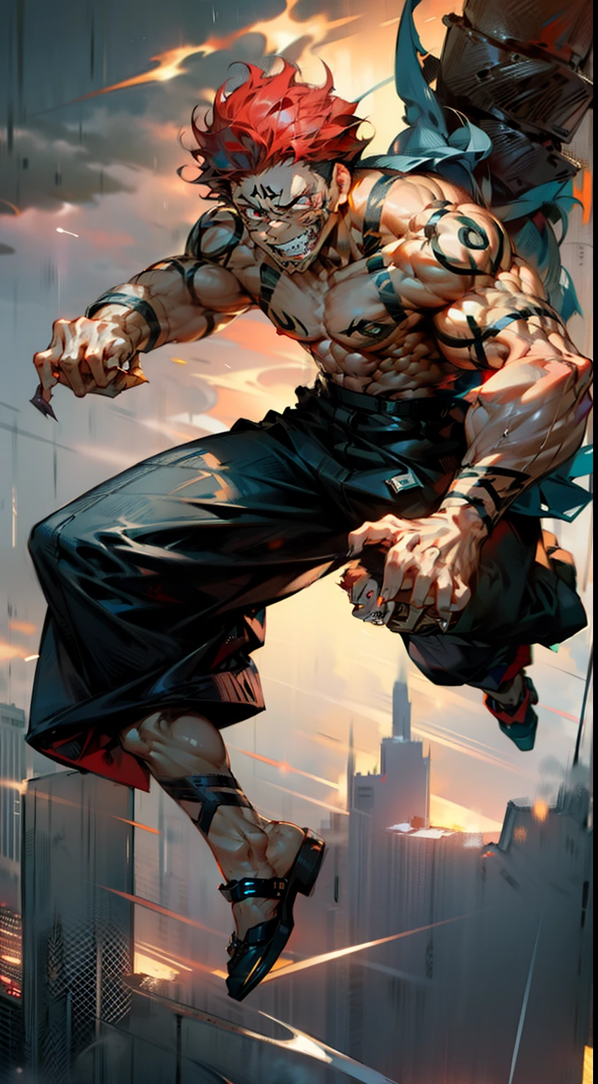 masterpiece, best quality, 1boy, (sukuna), red hair, black eyes, , smiling, evil smile, angry face, aura power, night, natural light, standing, angry eyes, evil smiling, male focus, strong muscles, movie composition, standing, bokeh, (futuristic), (full body), city view, flying above the city, scary look, godly strength, tattoo, tattoo on face, tattoo on body