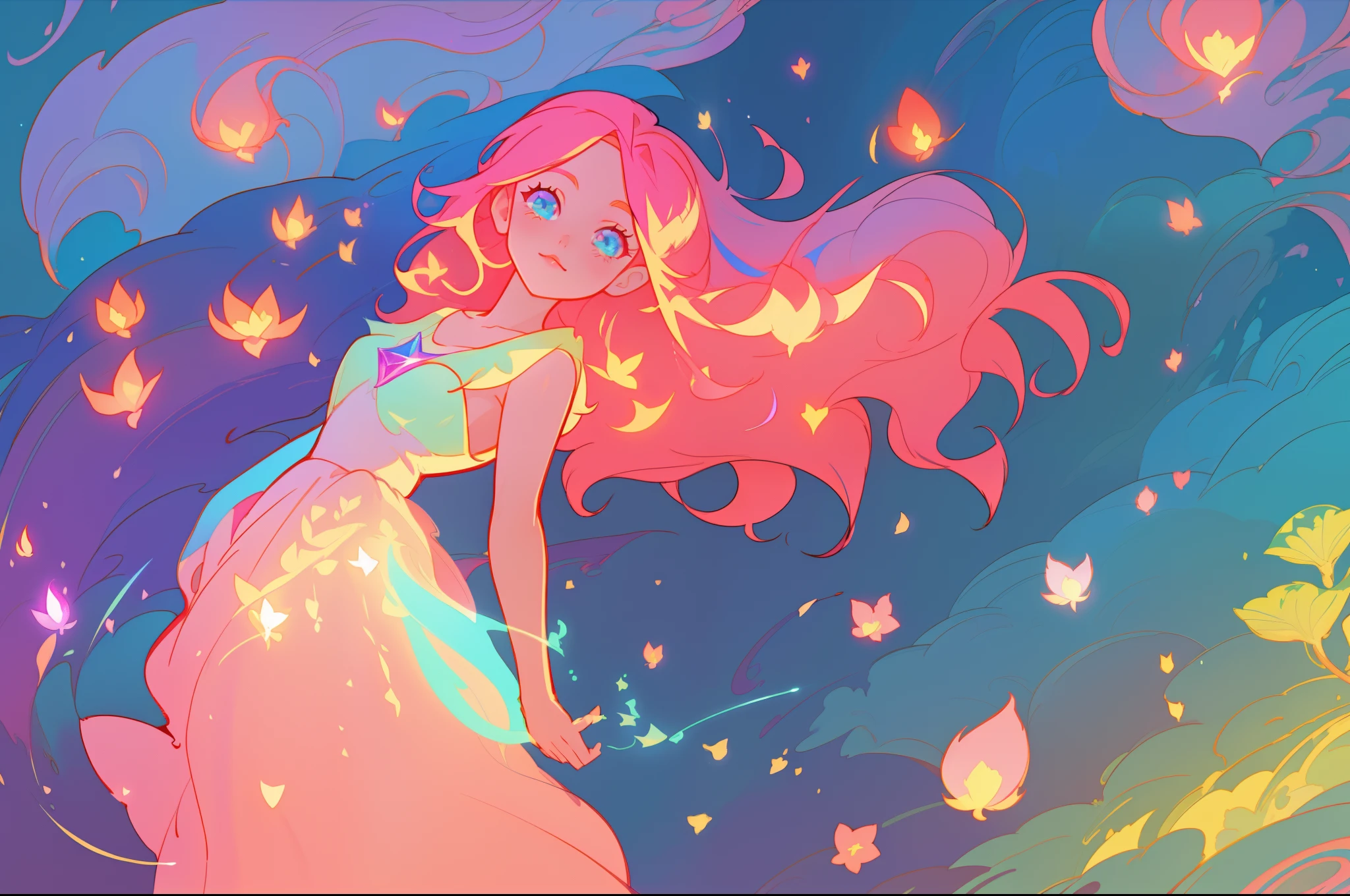 beautiful anime girl in white princess ballgown, vibrant pastel colors, (colorful), magical lights, flowing long red hair, sparkling lines of light, inspired by Glen Keane, inspired by Lois van Baarle, disney art style, by Lois van Baarle, glowing aura around her, by Glen Keane, jen bartel, glowing lights! digital painting, flowing glowing hair, glowing flowing hair, beautiful digital illustration, fantasia background, whimsical, magical, fantasy, beautiful face, ((masterpiece, best quality)), intricate details, highly detailed, sharp focus, 8k resolution, sparkling detailed eyes, liquid watercolor, otherworldly plants and landscape, colorful landscape, colorful plants