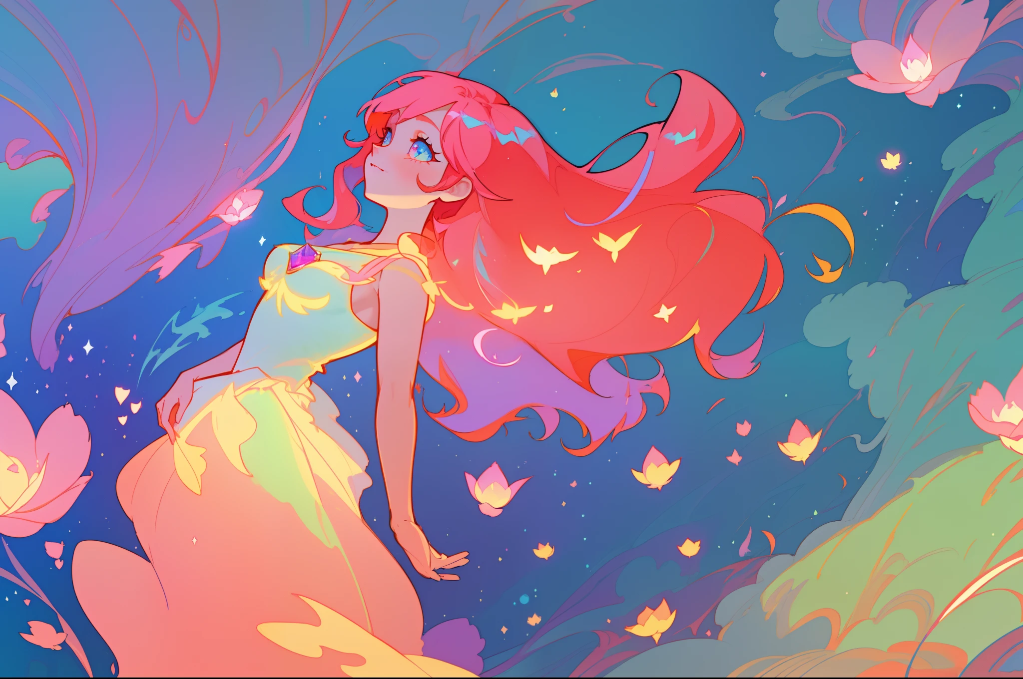 beautiful anime girl in white princess ballgown, vibrant pastel colors, (colorful), magical lights, flowing long red hair, sparkling lines of light, inspired by Glen Keane, inspired by Lois van Baarle, disney art style, by Lois van Baarle, glowing aura around her, by Glen Keane, jen bartel, glowing lights! digital painting, flowing glowing hair, glowing flowing hair, beautiful digital illustration, fantasia background, whimsical, magical, fantasy, beautiful face, ((masterpiece, best quality)), intricate details, highly detailed, sharp focus, 8k resolution, sparkling detailed eyes, liquid watercolor, otherworldly plants and landscape, colorful landscape, colorful plants