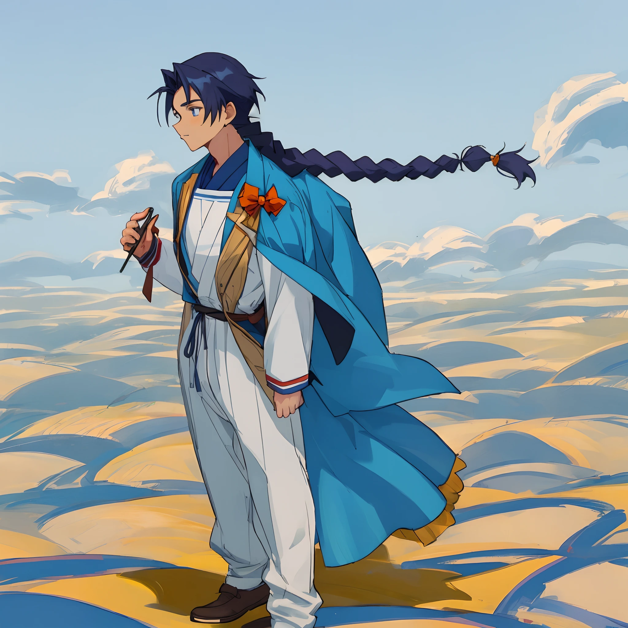 Girl dressed as a man Blue Anime Handsome Braided 18 years old High school student Standing picture