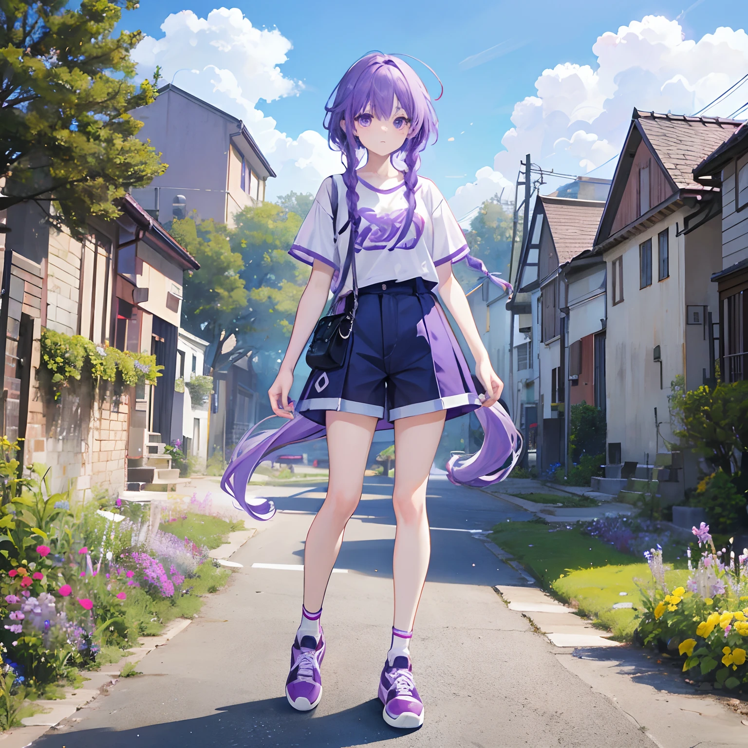 Purple colored hair,long whitr hair,Purple eyes,Twist braids,adolable,teens girl,Wear short sleeves,shorter pants,Wear sneakers on your feet,full-body photo on the front,All body,Fingers and arms are not exposed,Background sky,with blue sky and white clouds,Flowers