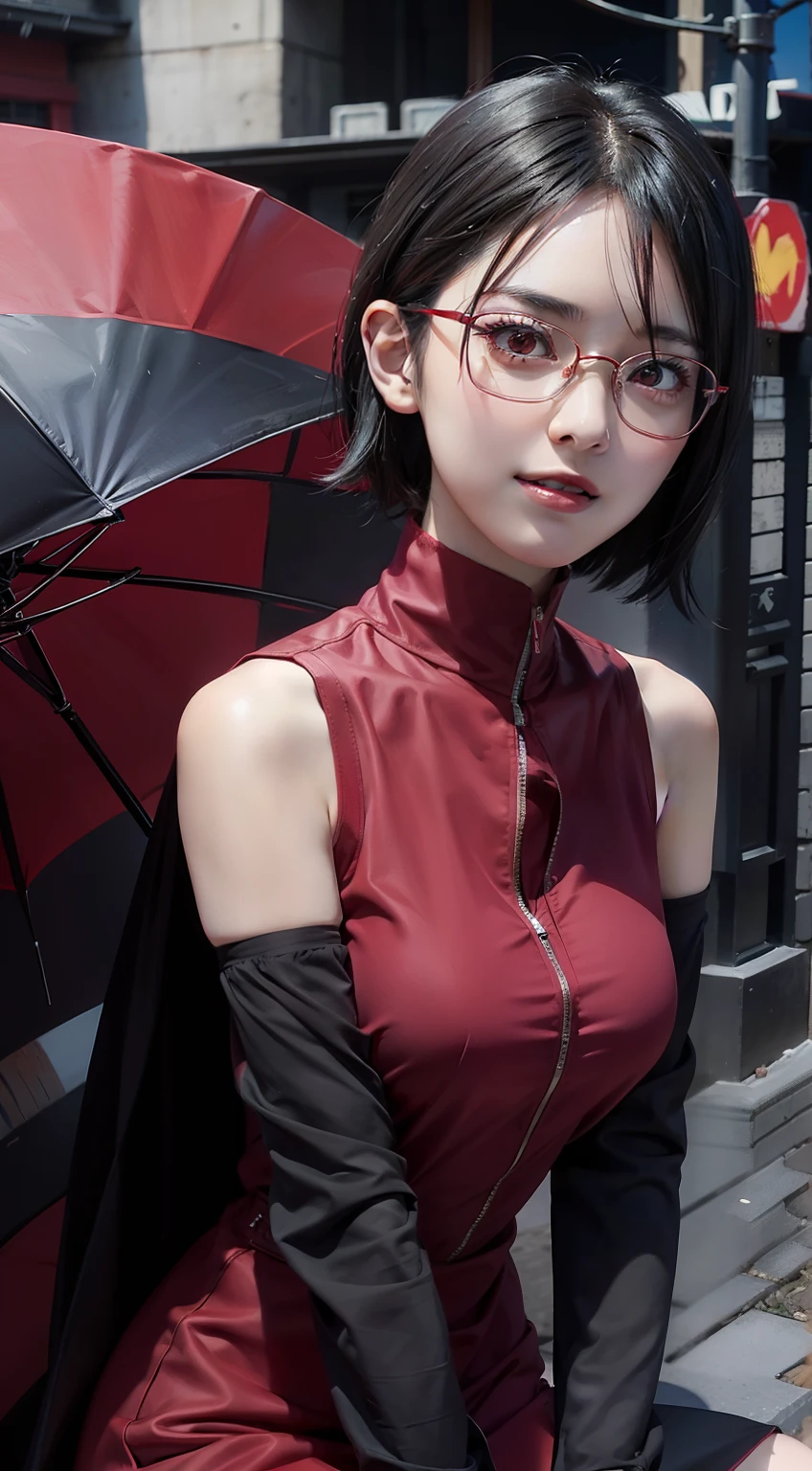 1girl, uchiha sarada in anime boruto, short hair, black hair, red eyes, smile, beautiful, sexy dress, sexy clothes, red clothes, wear red glasses, very big breast, realistic clothes, detail clothes, outdoor background, ultra detail, realistic