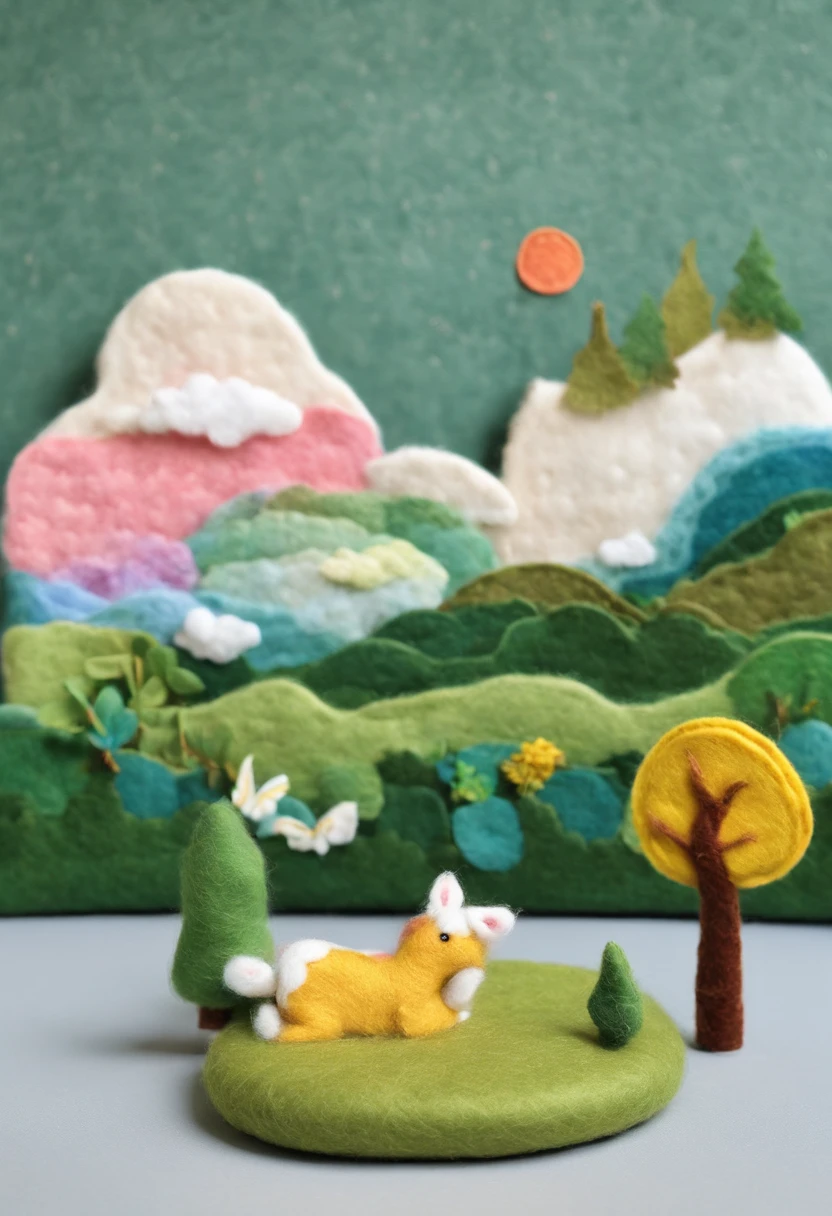 Wool felt constitutes a natural landscape,It showcases a peaceful and beautiful lake。Microwaves rise above the surface of the lake,Like gentle ripples on the surface of the water。surrounded by the trees of a lush,I created a wide variety of tree species from wool felt of different colors。Some are tall, straight wool felt pines,The canopy is green like bamboo;Some are hearty wool felt fruit trees,It comes with colorful wool felt fruits;It is also dotted with small wool felt flowers and grass,The flowers are dazzling。in distance,Majestic wool felt mountain,It towers above the sky,surrounded by cloud。I made the corners and textures of this mountain out of wool felt,Make it look more realistic。White clouds float in the sky,Sunlight shines through gaps in the clouds,Shining on the lake,Reflects flickering light。I used different colors of wool felt collage to create these brilliant lights,Bring the whole picture to life。at the lakes,There is a green meadow,I made wool felt thick grass and small vertical flowers。In this meadow,There are also some cute wool felt animals frolicking,They include small birds、butterflys、Rabbits, etc,They are all carefully shaped from wool felt,true to life。wool felt art,Wool felt dream world,(reasonable design,Clear lines,High clarity,The best quality,The is very detailed,tmasterpiece,movie light effect,16k)