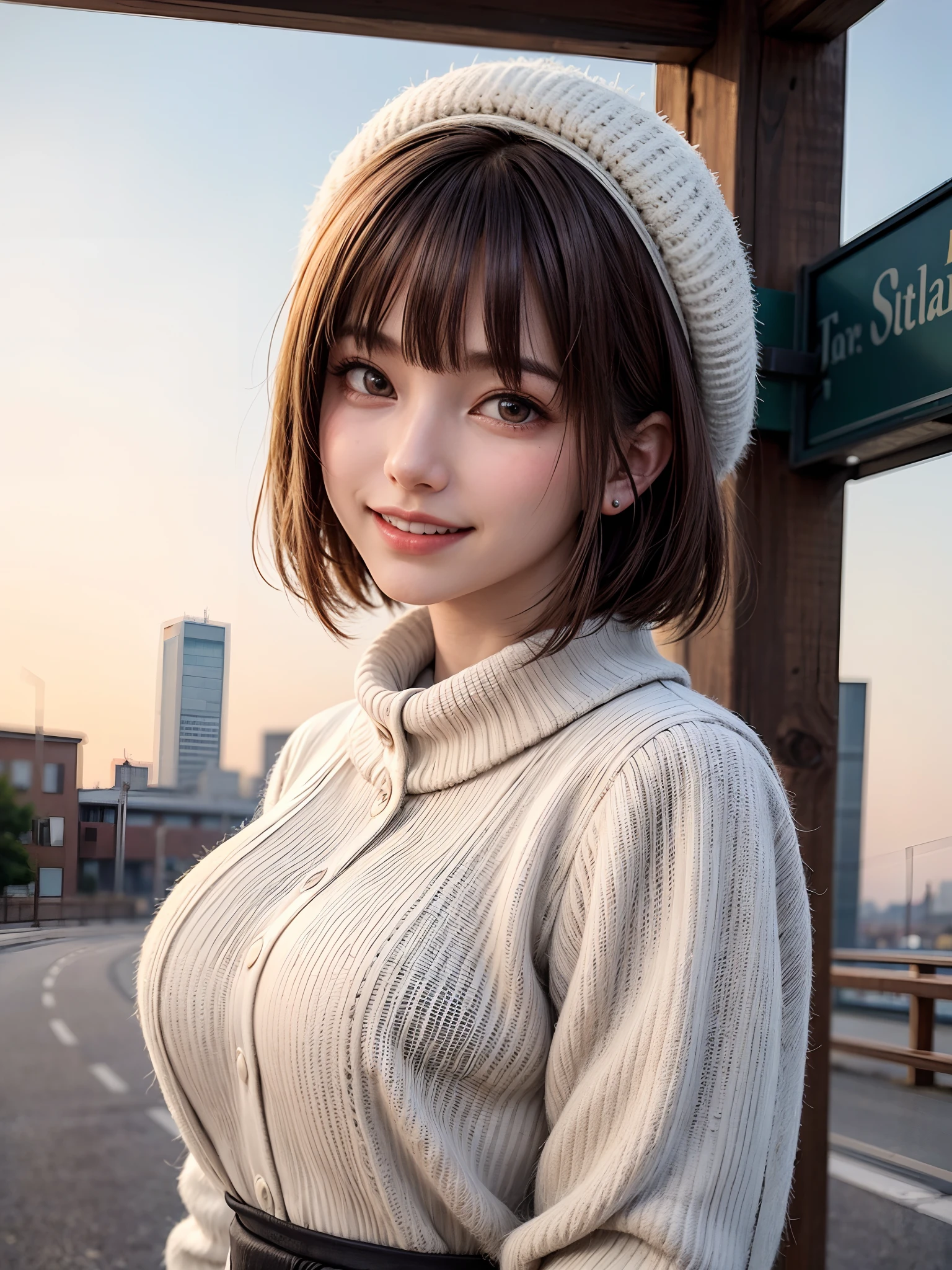 (masterpiece, top-quality、Very attractive adult beauty、Add intense highlights to the eyes),1girl in, 独奏, A dark-haired, scarf, Hats,, realisitic, looking at the viewers, black eyes of light color, shorth hair, coat, Winter clothes, White headscarf, s lips, lipgloss,bangss, The upper part of the body、big eye、Lashes)、((Road system in Italy))、((Shorthair with bangs、big eye、Put very strong highlights in your students、very Bigger breasts、gazing at viewer、Very beautiful beauty、Put your ears out、long neck、little smiling、Beautiful teeth、Open your mouth and smile))、28 year old、Very cute supermodel