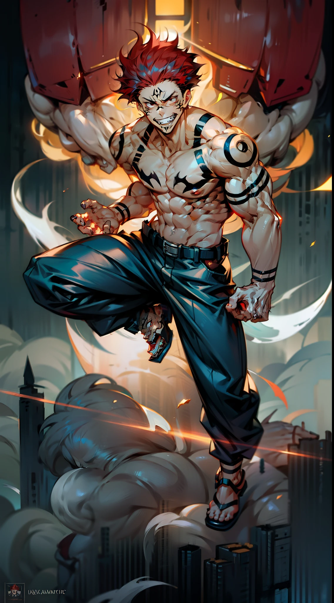 masterpiece, best quality, 1boy, (sukuna), red hair, black eyes, , smiling, evil smile, angry face, aura power, night, natural light, standing, angry eyes, evil smiling, male focus, strong muscles, movie composition, standing, bokeh, (futuristic), (full body), city view, flying above the city, scary look, godly strength, tattoo, tattoo on face, tattoo on body