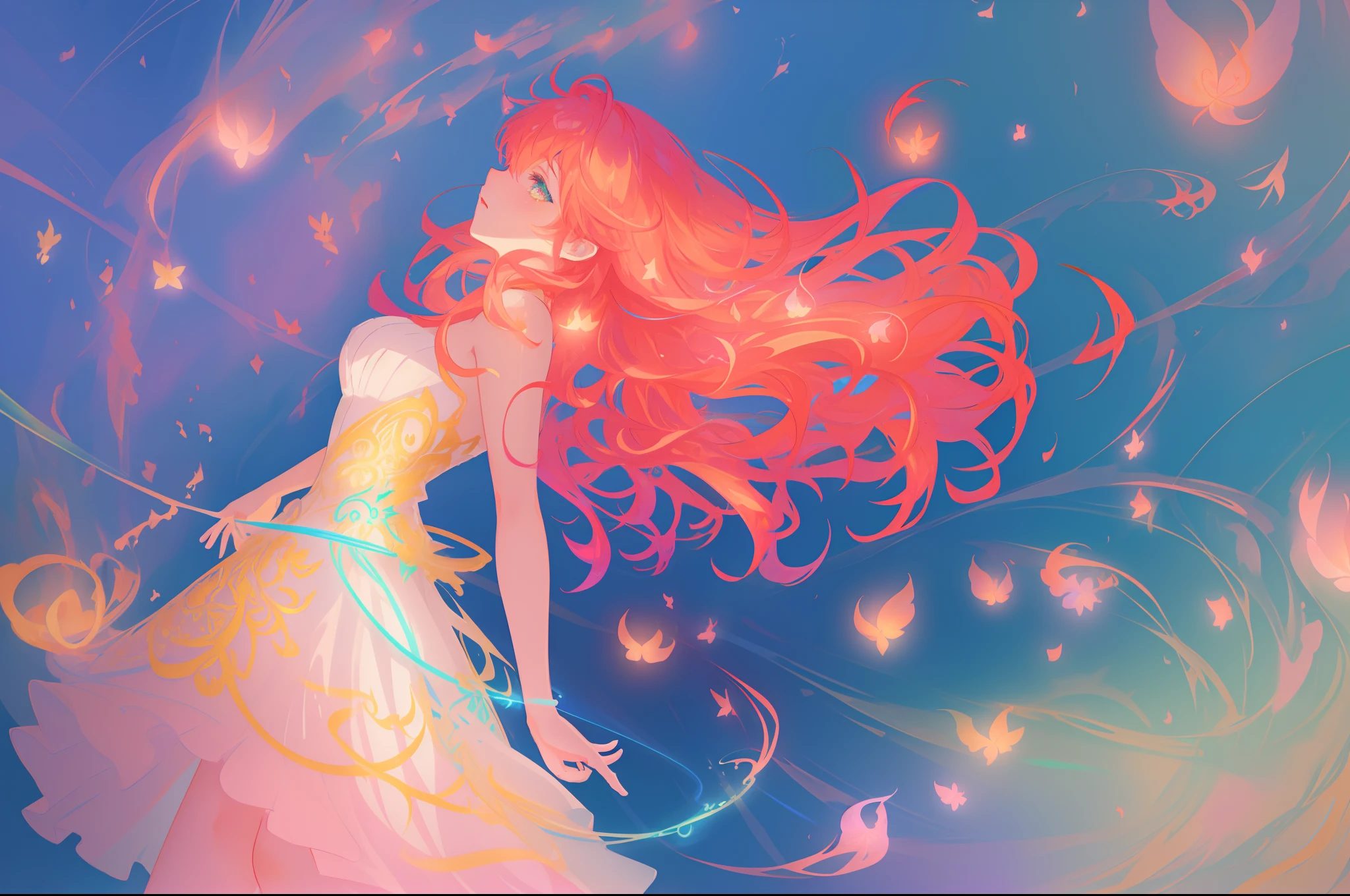 beautiful anime girl in white princess ballgown, vibrant pastel colors, (colorful), magical lights, flowing long red hair, sparkling lines of light, inspired by Glen Keane, inspired by Lois van Baarle, disney art style, by Lois van Baarle, glowing aura around her, by Glen Keane, jen bartel, glowing lights! digital painting, flowing glowing hair, glowing flowing hair, beautiful digital illustration, fantasia background, whimsical, magical, fantasy, beautiful face, ((masterpiece, best quality)), intricate details, highly detailed, sharp focus, 8k resolution, sparkling detailed eyes, liquid watercolor, otherworldly plants and landscape, colorful landscape, colorful plants