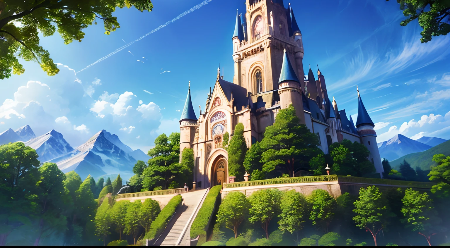 (best quality, 4k, 8k, high resolution, masterpiece: 1.2), ultra-detailed, enchanted castle, forest kingdom, vibrant colors, stunning landscape, ancient trees, majestic mountains, mythical creatures, elaborate details, imposing towers, medieval,kingdom,ivy covered castle walls,magical garden,blooming flowers,blue skies,enchanted beauty