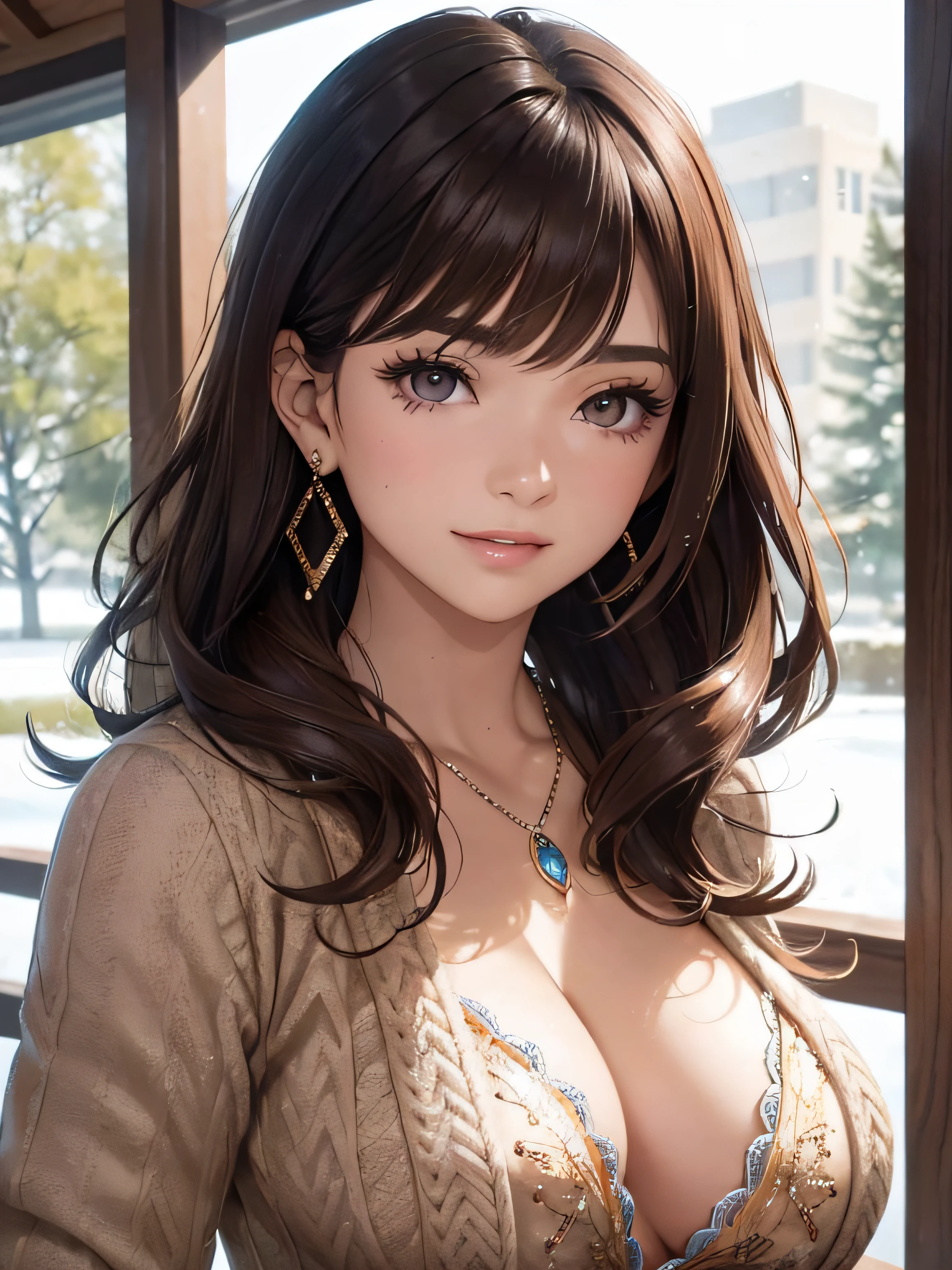 (A photo of the upper body), Beatiful face, Very detailed face and skin texture, (Detailed eyes), Brown eyes, Double eyelids, Thin eyebrows, Glitter eyeliner: 1.2, Natural cheeks, Shiny skin, Light skin, ((winter clothes)), Shiny necklace and earrings, (Shiny lips: 1. 4), (Seductive smile), (20 years old), (Wavy hair, Brown hair, Diagonal bangs), Medium long hair, ((Upper body shot)), ((Focus on chest and face)), Medium large breasts, Upturned Breasts.