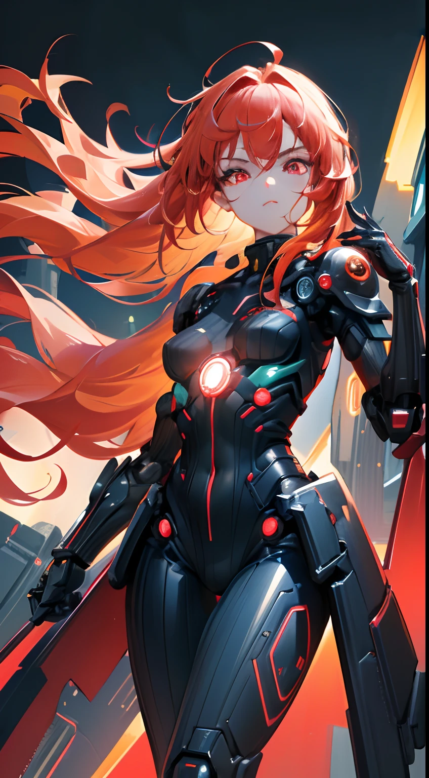 (extremely detailed CG unity 8k wallpaper), (finely detailed beautiful eyes: 1.2), (1 girl), (cyborg:1.3), (long crimson hair:1.2), embarrassed, (anime:1.2), Futurism, depth of field, rotational symmetry, (masterpiece:1.2), (best quality), 4K, high details