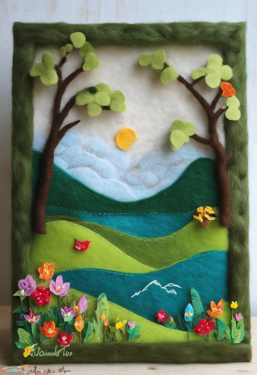 Wool felt constitutes a natural landscape，It showcases a peaceful and beautiful lake。Microwaves rise above the surface of the lake，Like gentle ripples on the surface of the water。surrounded by the trees of a lush，I created a wide variety of tree species from wool felt of different colors。Some are tall, straight wool felt pines，The canopy is green like bamboo；Some are hearty wool felt fruit trees，It comes with colorful wool felt fruits；It is also dotted with small wool felt flowers and grass，The flowers are dazzling。in distance，Majestic wool felt mountain，It towers above the sky，surrounded by cloud。I made the corners and textures of this mountain out of wool felt，Make it look more realistic。White clouds float in the sky，Sunlight shines through gaps in the clouds，Shining on the lake，Reflects flickering light。I used different colors of wool felt collage to create these brilliant lights，Bring the whole picture to life。at the lakes，There is a green meadow，I made wool felt thick grass and small vertical flowers。In this meadow，There are also some cute wool felt animals frolicking，They include small birds、butterflys、Rabbits, etc，They are all carefully shaped from wool felt，true to life。wool felt art，Wool felt dream world，（reasonable design，Clear lines，High clarity，The best quality，The is very detailed，tmasterpiece，movie light effect，16k）