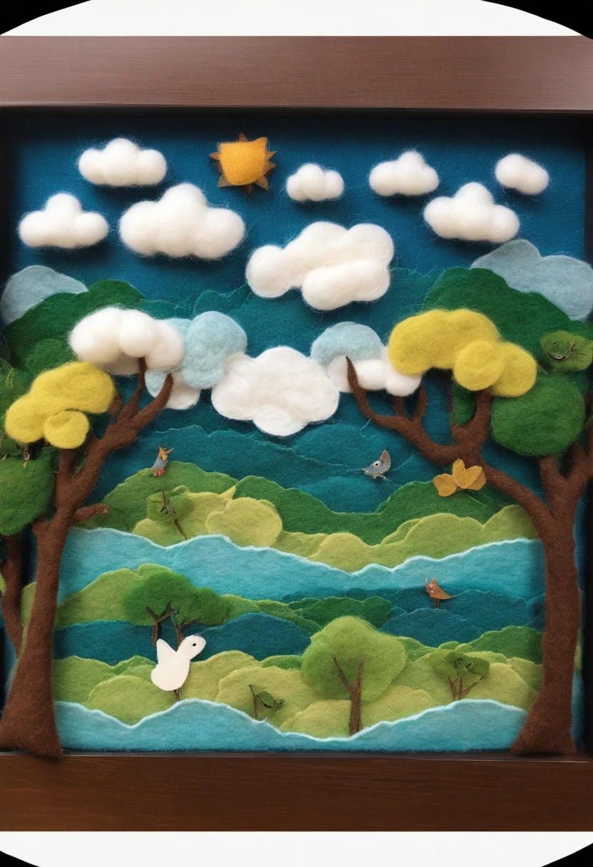 Wool felt constitutes a natural landscape,It showcases a peaceful and beautiful lake。Microwaves rise above the surface of the lake,Like gentle ripples on the surface of the water。surrounded by the trees of a lush,I created a wide variety of tree species from wool felt of different colors。Some are tall, straight wool felt pines,The canopy is green like bamboo;Some are hearty wool felt fruit trees,It comes with colorful wool felt fruits;It is also dotted with small wool felt flowers and grass,The flowers are dazzling。in distance,Majestic wool felt mountain,It towers above the sky,surrounded by cloud。I made the corners and textures of this mountain out of wool felt,Make it look more realistic。White clouds float in the sky,Sunlight shines through gaps in the clouds,Shining on the lake,Reflects flickering light。I used different colors of wool felt collage to create these brilliant lights,Bring the whole picture to life。at the lakes,There is a green meadow,I made wool felt thick grass and small vertical flowers。In this meadow,There are also some cute wool felt animals frolicking,They include small birds、butterflys、Rabbits, etc,They are all carefully shaped from wool felt,true to life。wool felt art,Wool felt dream world,(reasonable design,Clear lines,High clarity,The best quality,The is very detailed,tmasterpiece,movie light effect,16k)