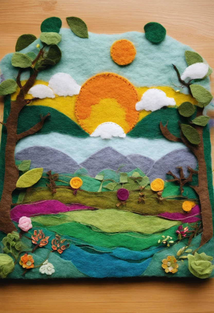 Wool felt constitutes a natural landscape,It showcases a peaceful and beautiful lake。Microwaves rise above the surface of the lake,Like gentle ripples on the surface of the water。surrounded by the trees of a lush,I created a wide variety of tree species from wool felt of different colors。Some are tall, straight wool felt pines,The canopy is green like bamboo;Some are hearty wool felt fruit trees,It comes with colorful wool felt fruits;It is also dotted with small wool felt flowers and grass,The flowers are dazzling。in distance,Majestic wool felt mountain,It towers above the sky,surrounded by cloud。I made the corners and textures of this mountain out of wool felt,Make it look more realistic。White clouds float in the sky,Sunlight shines through gaps in the clouds,Shining on the lake,Reflects flickering light。I used different colors of wool felt collage to create these brilliant lights,Bring the whole picture to life。at the lakes,There is a green meadow,I made wool felt thick grass and small vertical flowers。In this meadow,There are also some cute wool felt animals frolicking,They include small birds、butterflys、Rabbits, etc,They are all carefully shaped from wool felt,true to life。wool felt art,Wool felt dream world,(reasonable design,Clear lines,High clarity,The best quality,The is very detailed,tmasterpiece,movie light effect,16k)